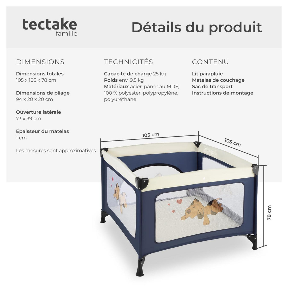 tectake Parc bébé, lit de voyage pliant stable et pliable de manière compacte bleu