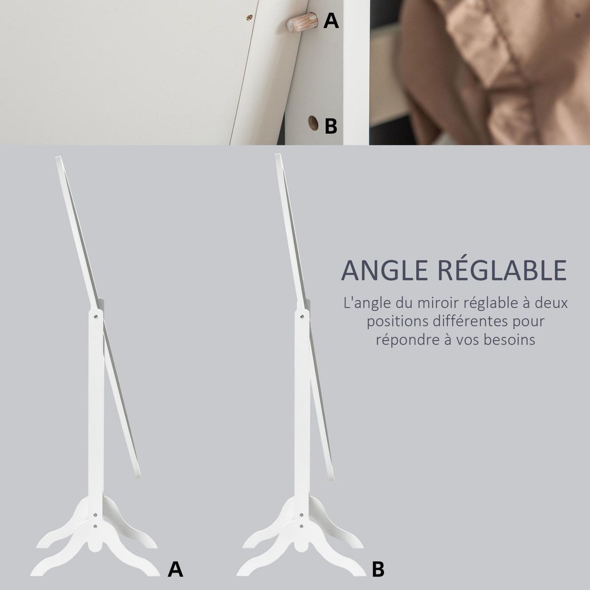 HOMCOM Miroir à pied ovale style shabby chic inclinaison réglable dim. 47L x 45l x 154H cm MDF blanc