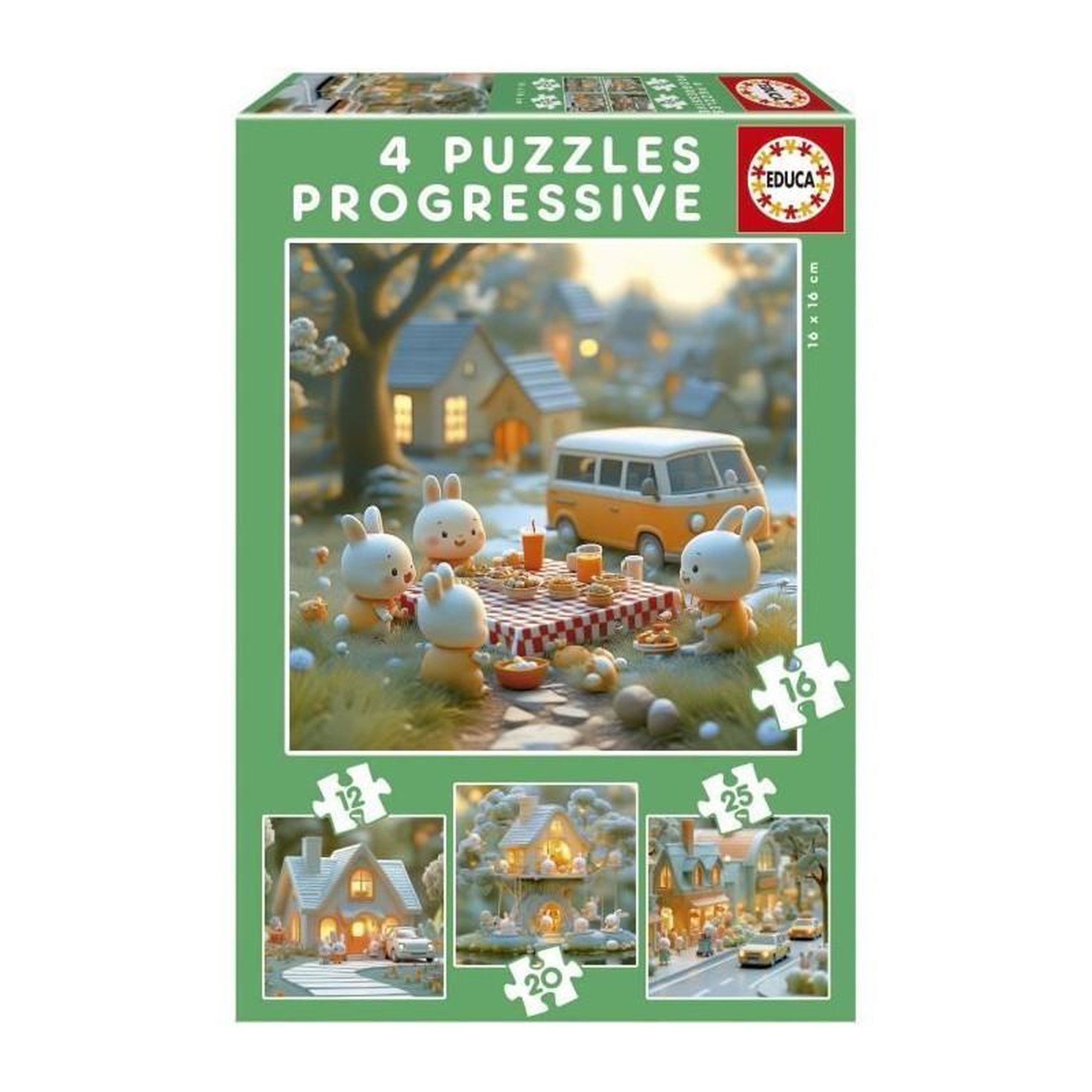 EDUCA Puzzle progressif enfant La Ville des Lapins – 4 niveaux de 12 à 25 pièces – Jeu éducatif évolutif – Dès 3 ans – Educa