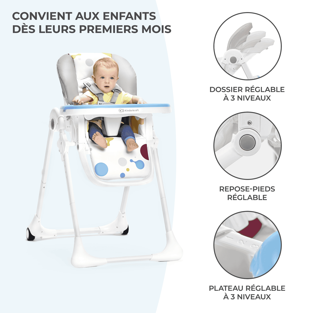 KINDERKRAFT Chaise haute bebe reglable pliante plateau amovib