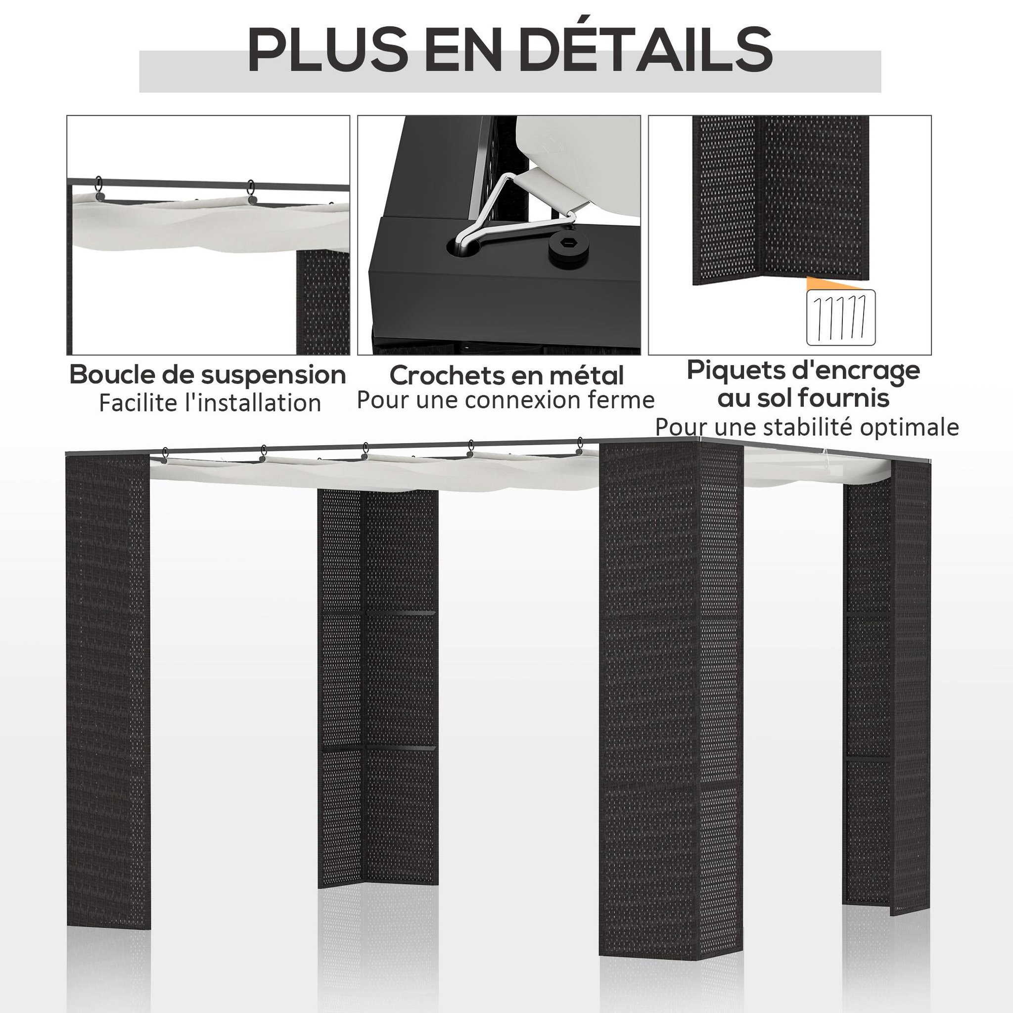 Voir la diapositive 6 : OUTSUNNY Pergola rétractable style colonial dim. 2,98L x 2,98l x 2H m métal époxy anticorrosion résine tressée noire toile polyester haute densité 180 g/m² crème