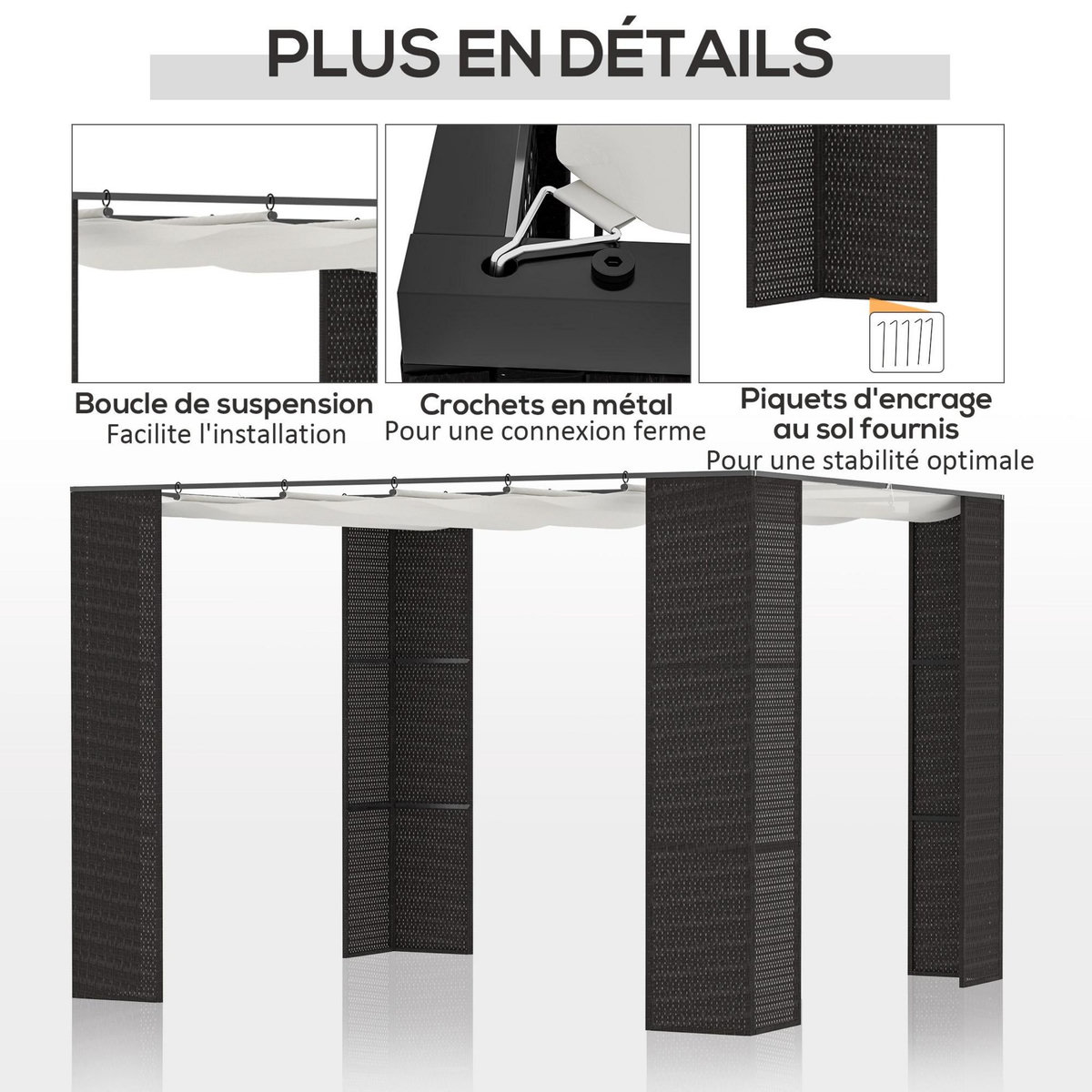 OUTSUNNY Pergola rétractable style colonial dim. 2,98L x 2,98l x 2H m métal époxy anticorrosion résine tressée noire toile polyester haute densité 180 g/m² crème