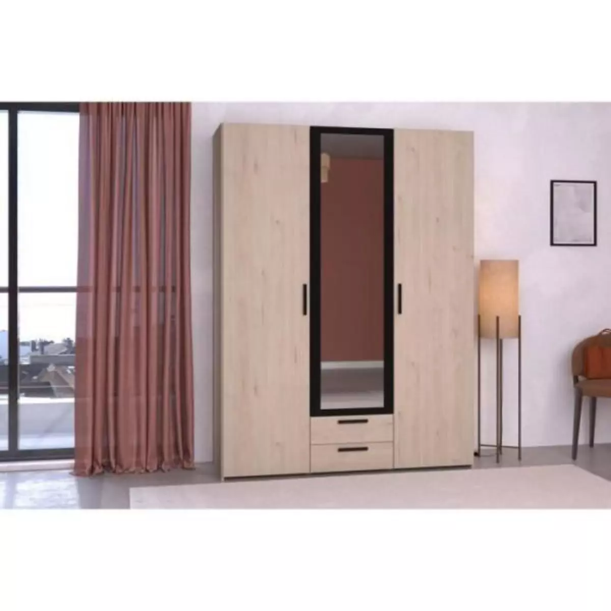 PARISOT Armoire - Panneau de particules - Décor chene et noir - 3 portes centrales - Essentiel - Chambre - 150.3x200x51.7cm