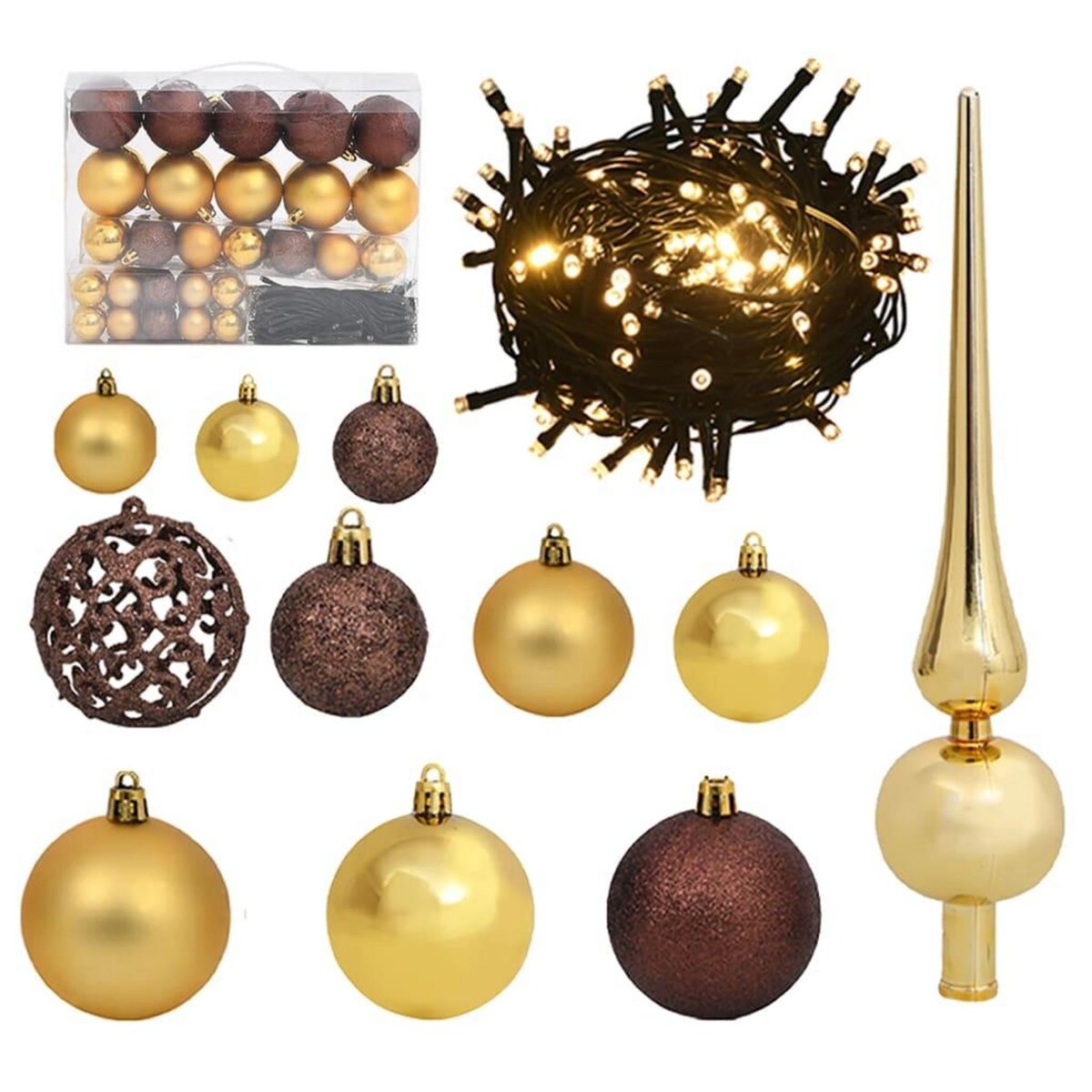 VIDAXL Set de boules de Noël avec pic et 150 LED 61 pcs Dore et bronze