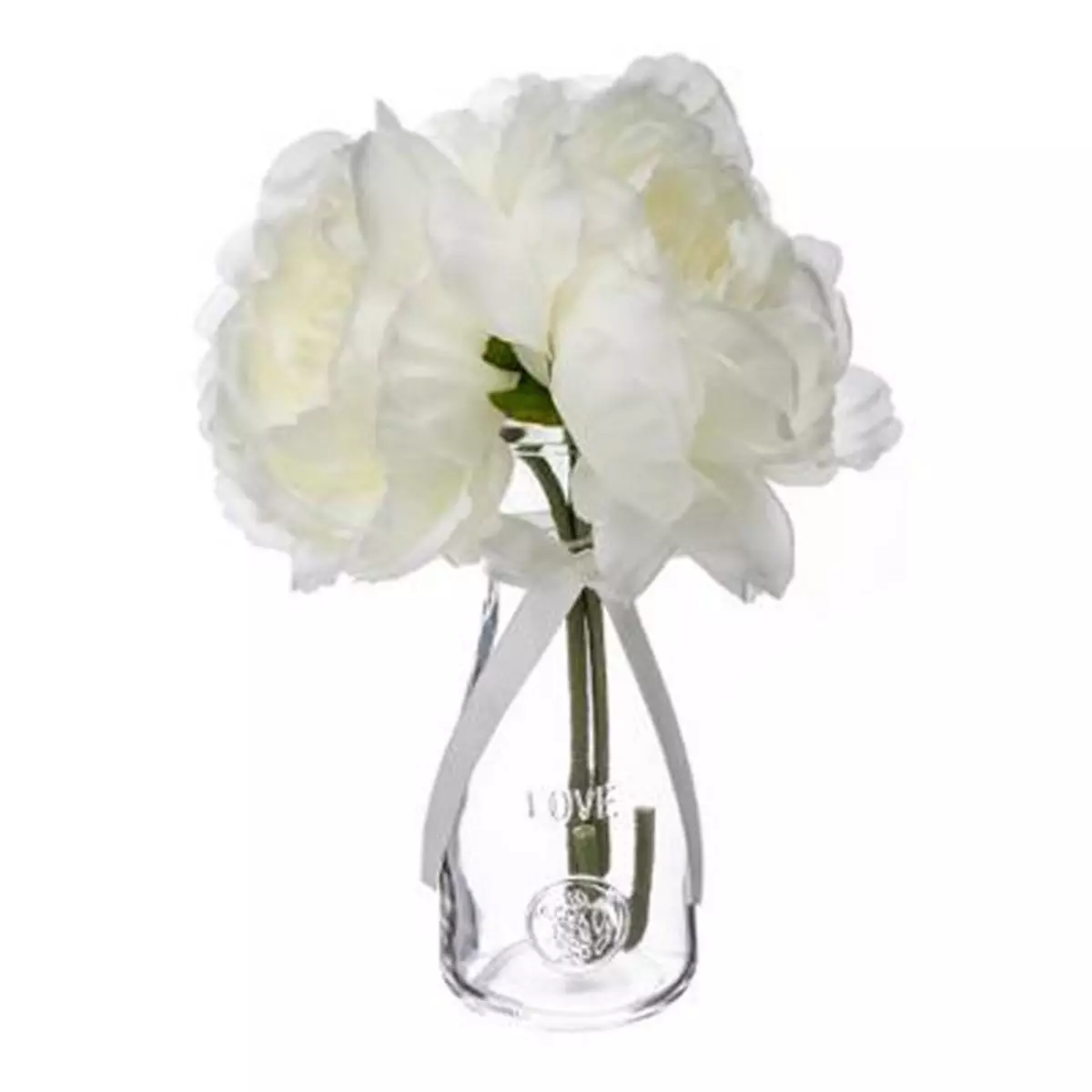  Composition Florale & Vase  3 Pivoines  Verre 25cm Transparent