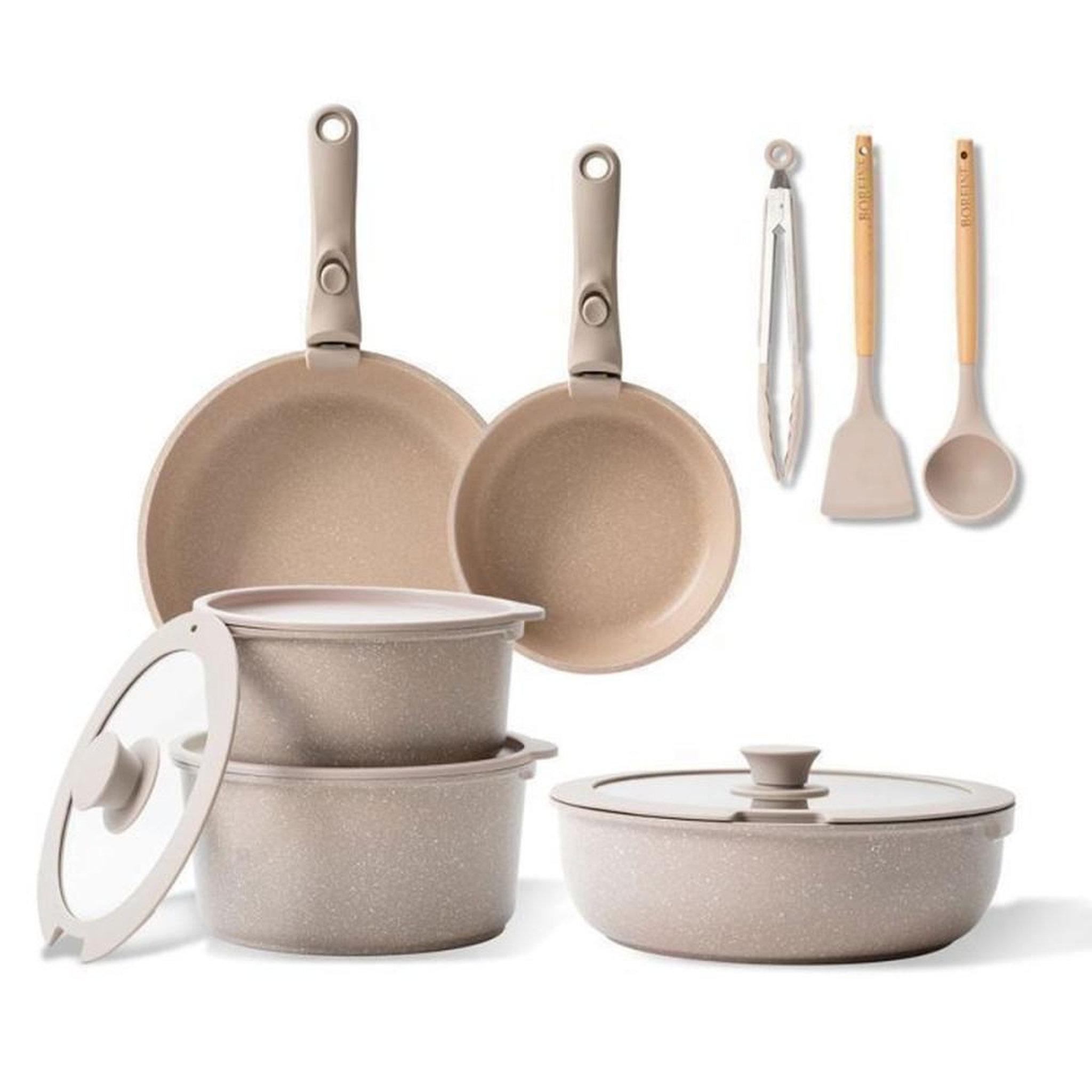 Coffret batterie de cuisine antiadhésive 14 pièces BOREINE en aluminium moulé brun, poignées amovibles, couvercles silicone, induction et gaz, allant au four 250°C
