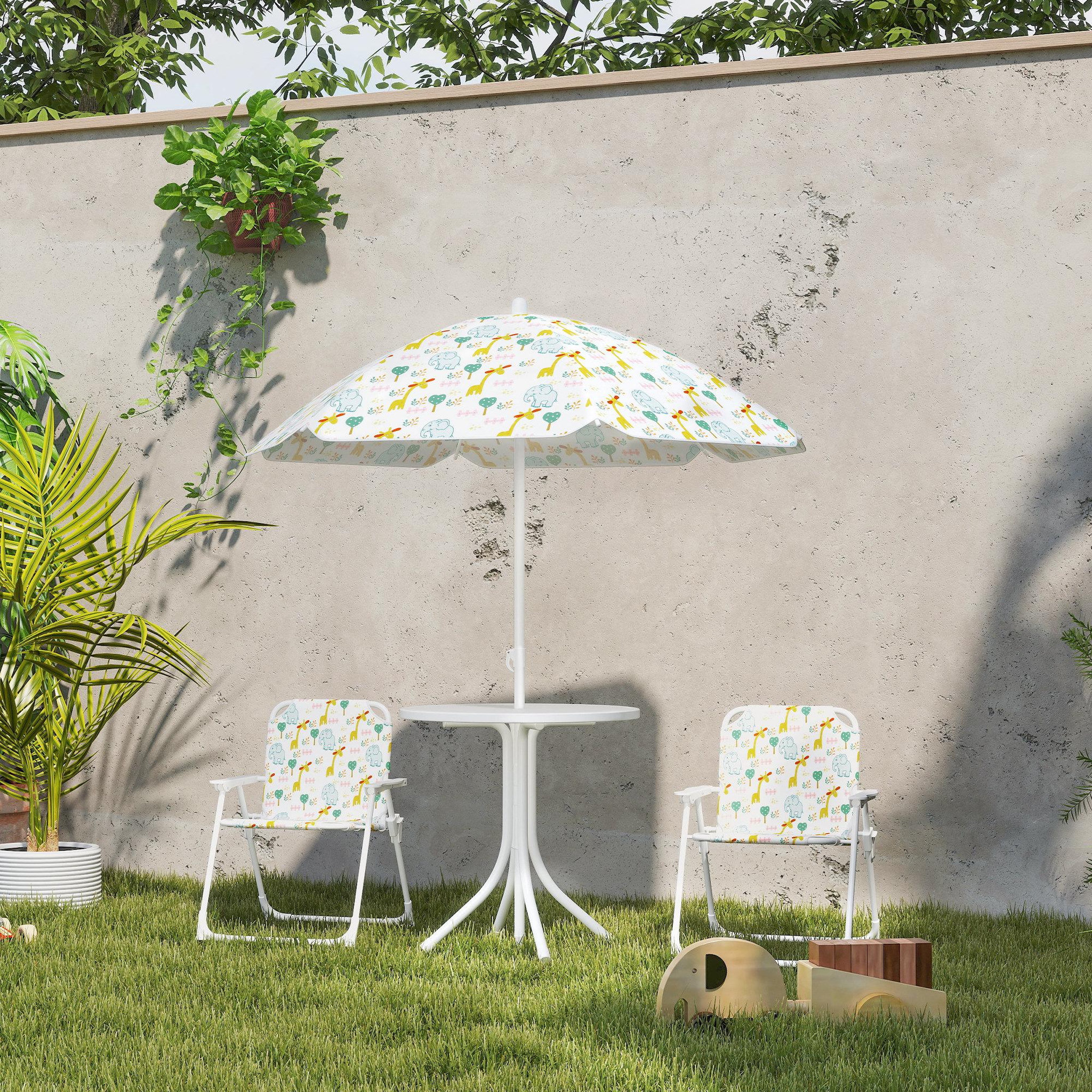 Voir la diapositive 2 : OUTSUNNY Ensemble salon de jardin enfant pliable 2 places 4 pièces motif vie de la savane blanc