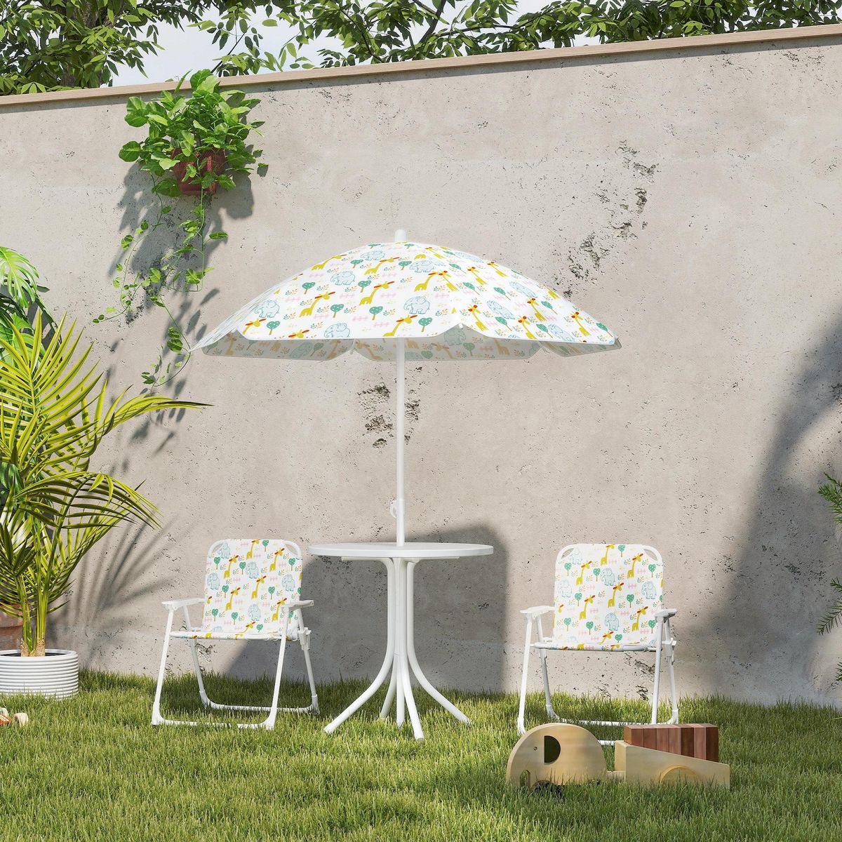 OUTSUNNY Ensemble salon de jardin enfant pliable 2 places 4 pièces motif vie de la savane blanc