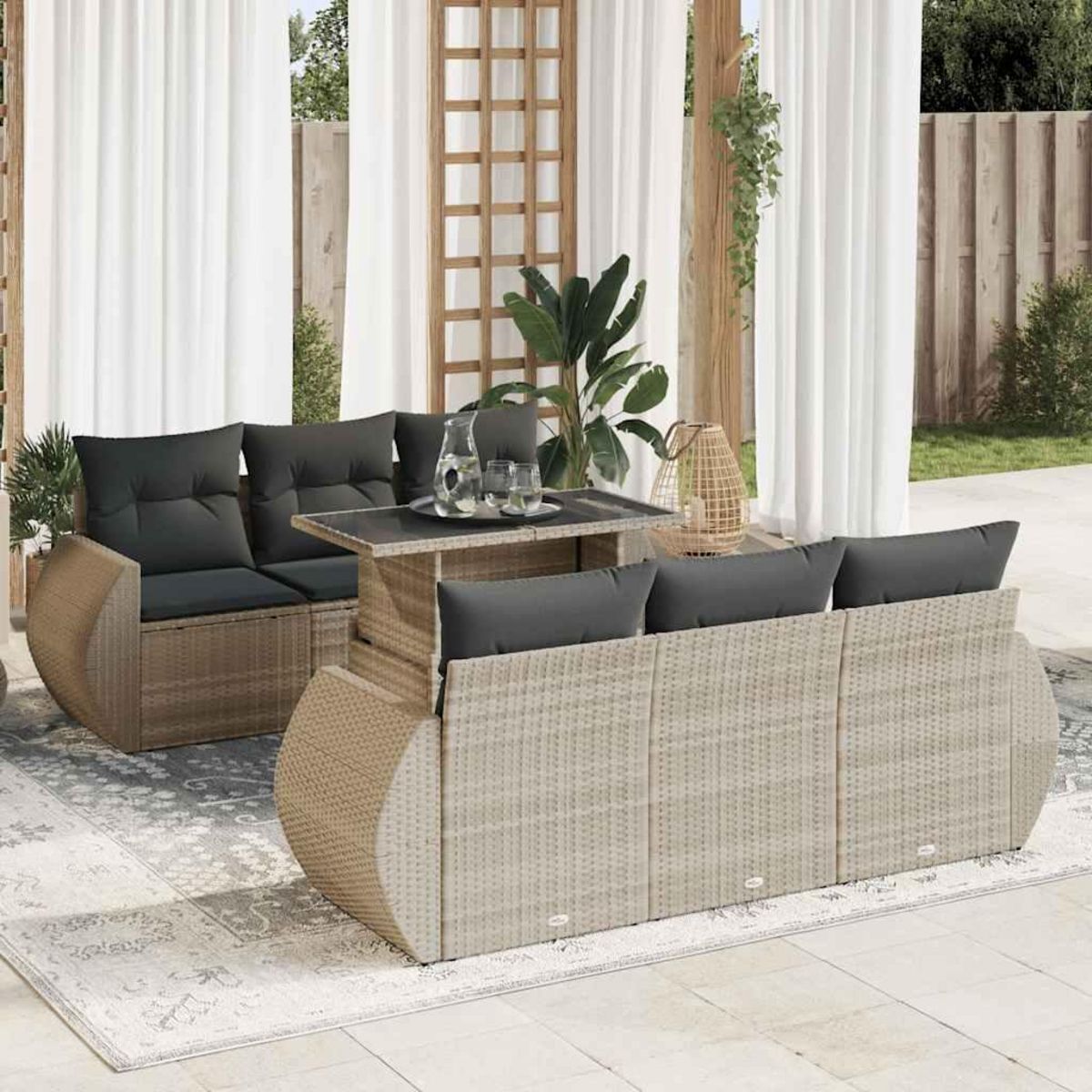VIDAXL Salon de jardin avec coussins 7 pcs gris clair resine tressee