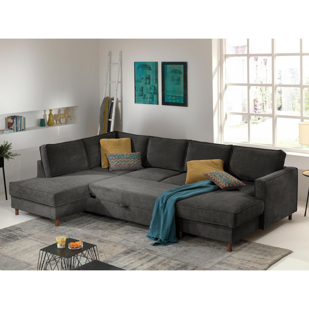 LISA DESIGN Jake - canapé panoramique d'angle gauche - convertible avec coffre - 7 places - en velours côtelé