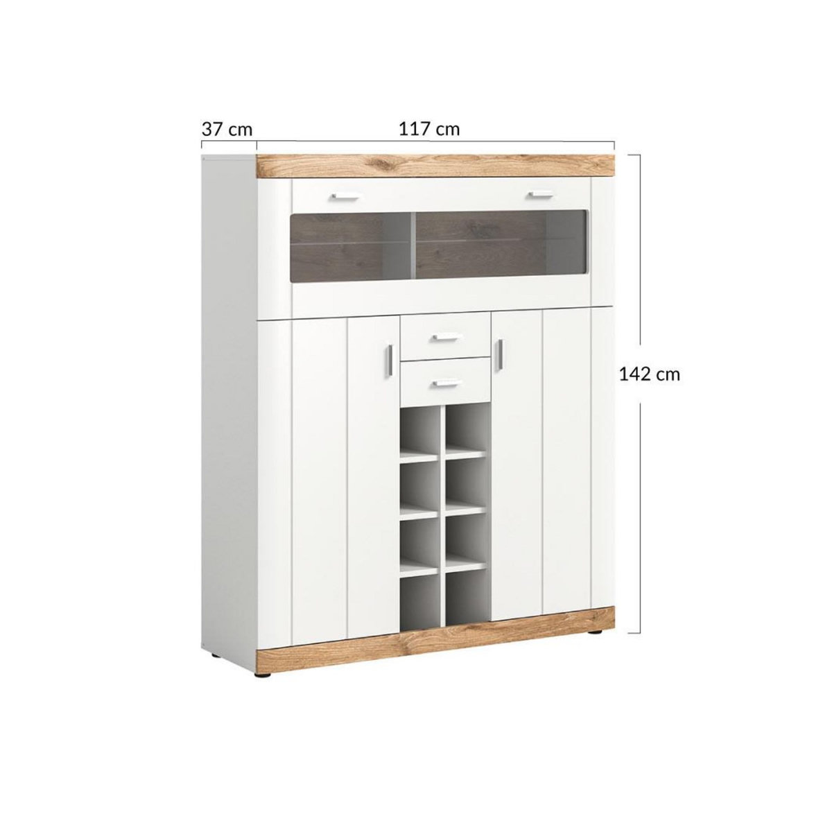 BEST MOBILIER Coventry - buffet haut - blanc et effet bois - 8 niches, 3 portes et 2 tiroirs - 142 cm
