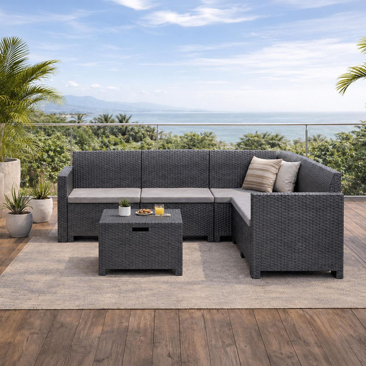 CONCEPT USINE Salon de jardin 4-5 places effet résine tressée gris anthracite avec table basse ISPARTA