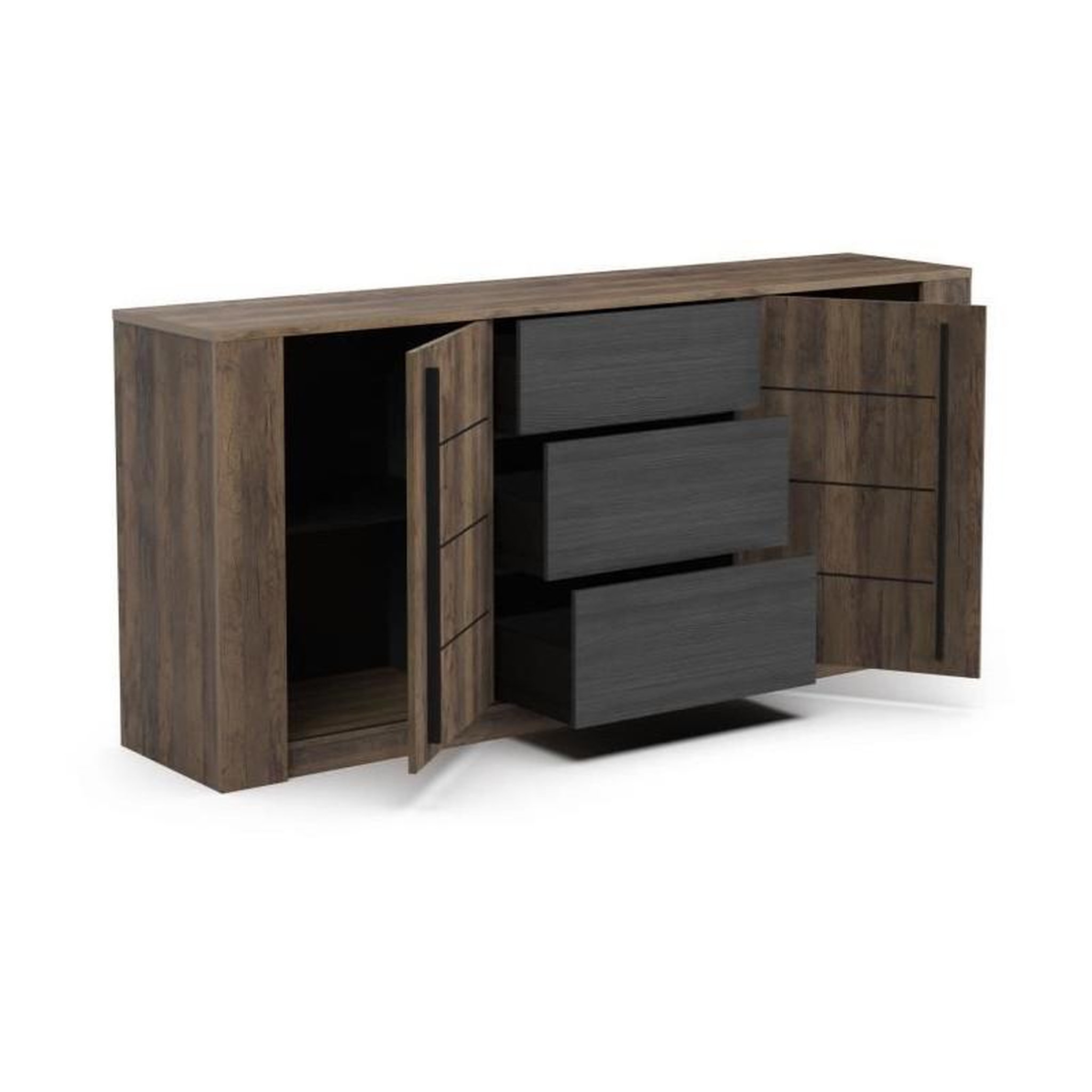 Voir la diapositive 3 : Demeyere Enfilade MONACO - Décor chene et noir - 2 Portes coulissantes + 3 Tiroirs - L206 x P44,9 x H94 cm - CBA MEUBLES