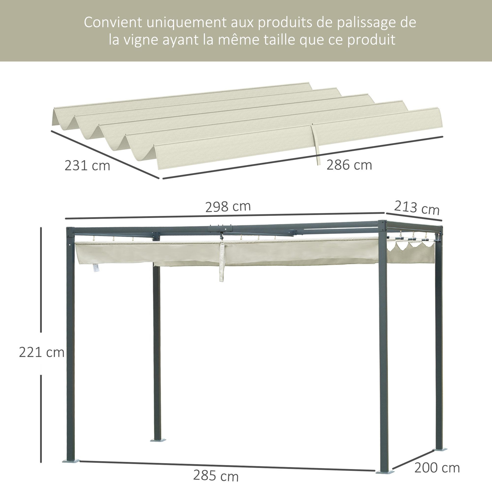 Voir la diapositive 3 : OUTSUNNY Toile de rechange pour pergola rétractable 3 x 2,15 m polyester haute densité 180 g/m² anti-UV30+ crème
