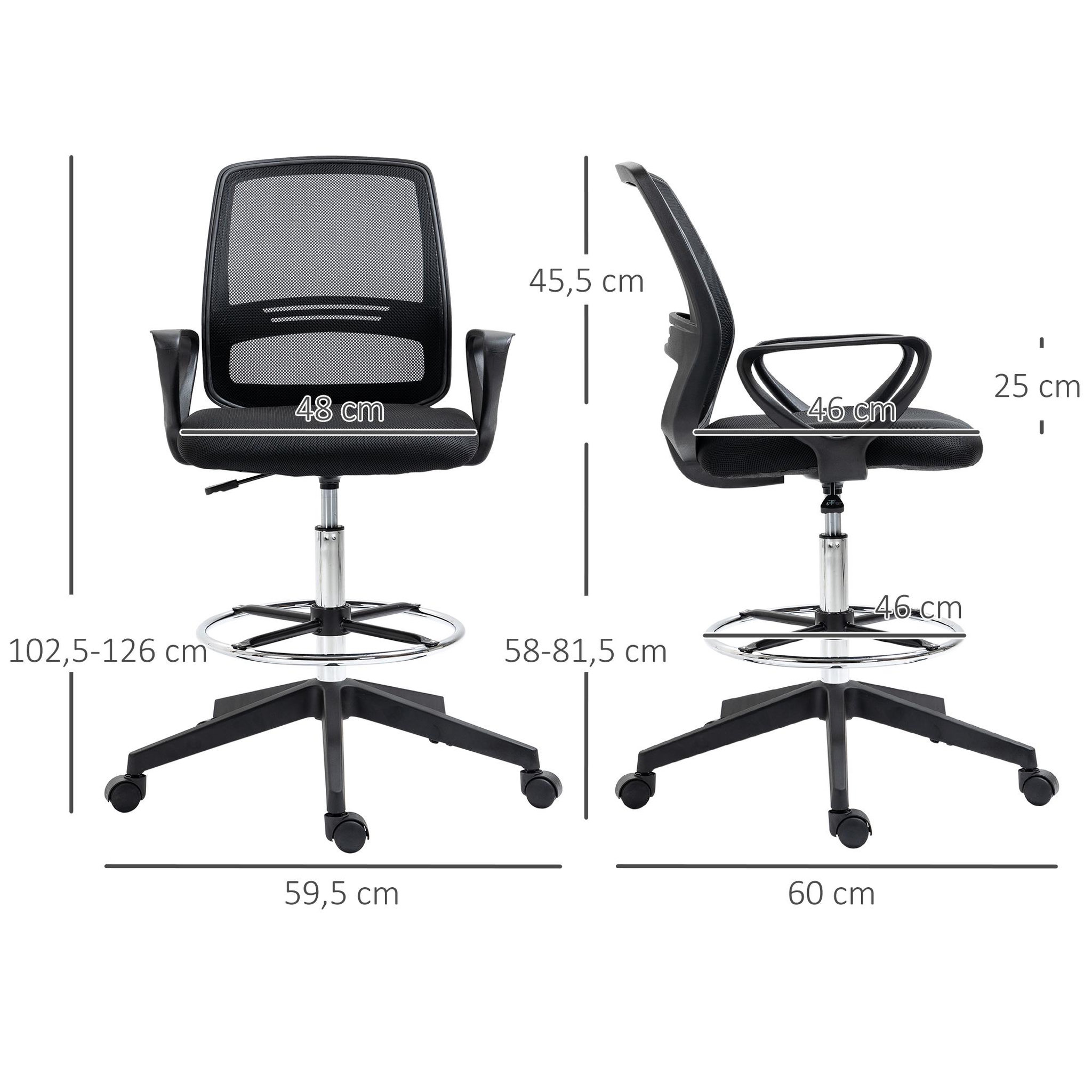 Voir la diapositive 3 : VINSETTO Chaise de bureau assise haute réglable dim. 59L x 60l x 102-126H cm pivotant 360° tissu maille respirante noir