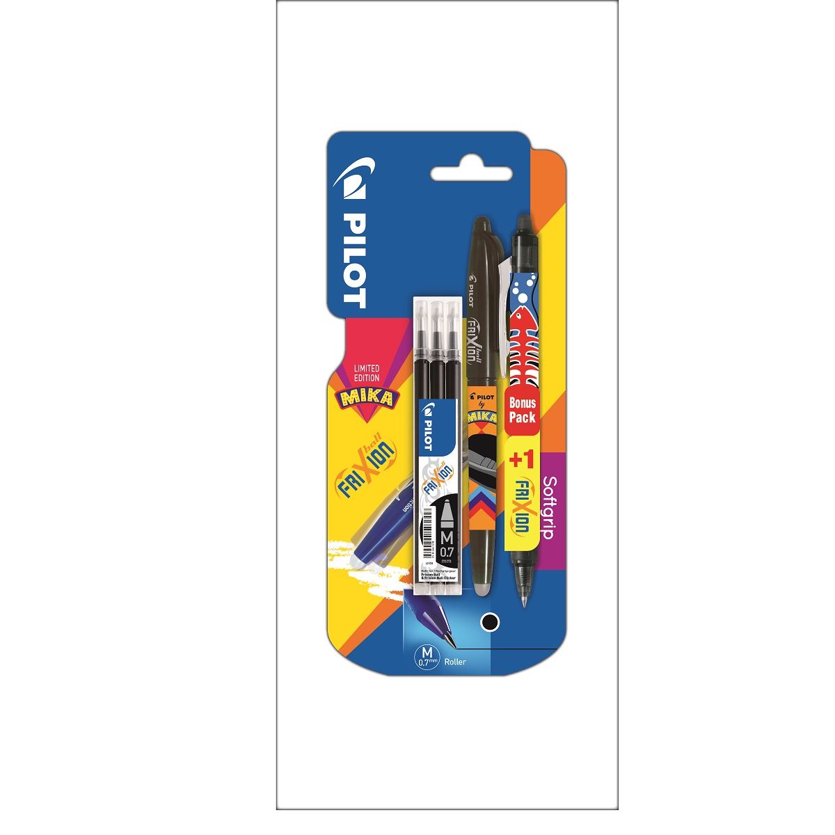 PILOT Stylo effaçable Frixion Ball noir + étui de 3 recharges noires + 1 Mika Clicker