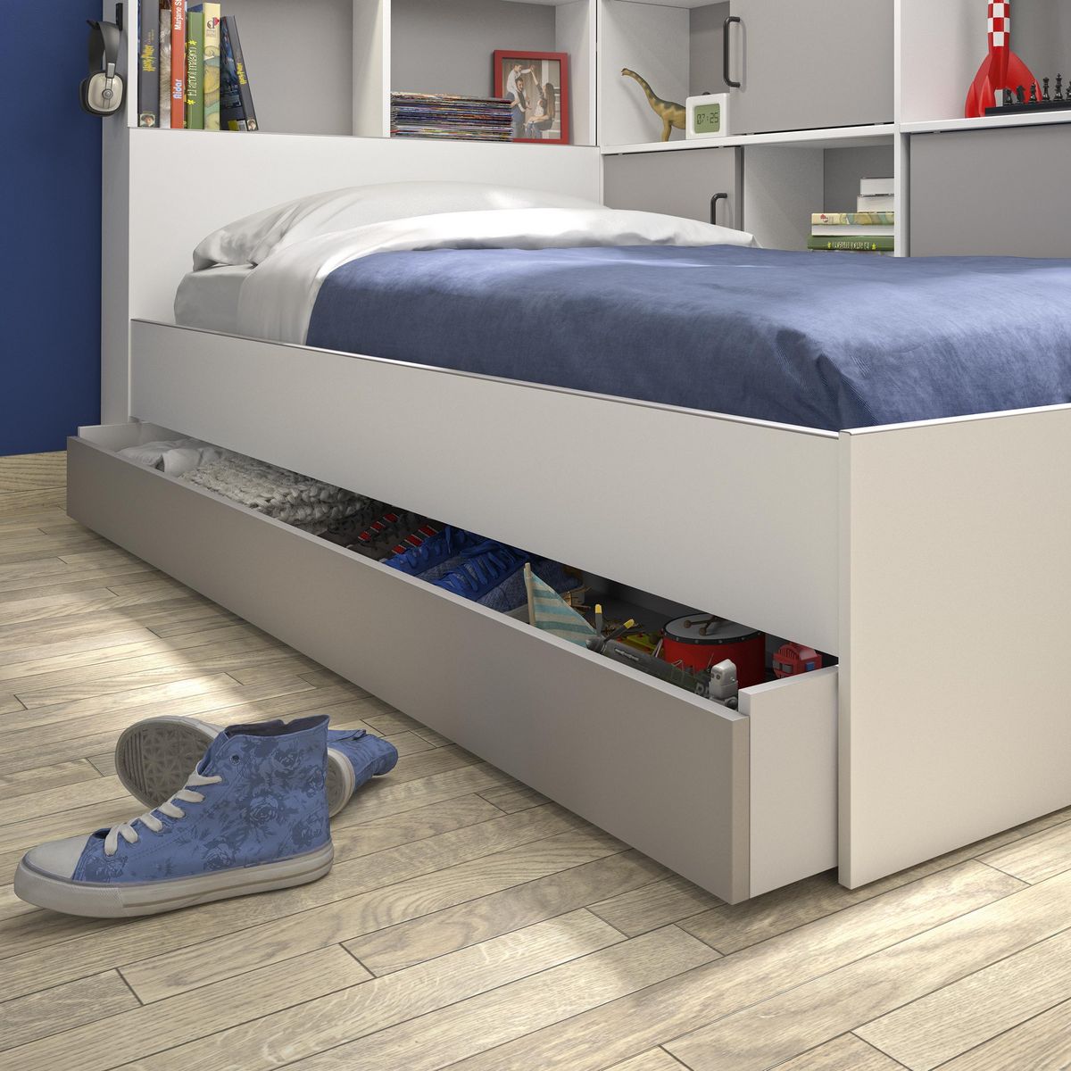 Lit 1 place avec 1 tiroir et rangements 90x200 cm LOUANE