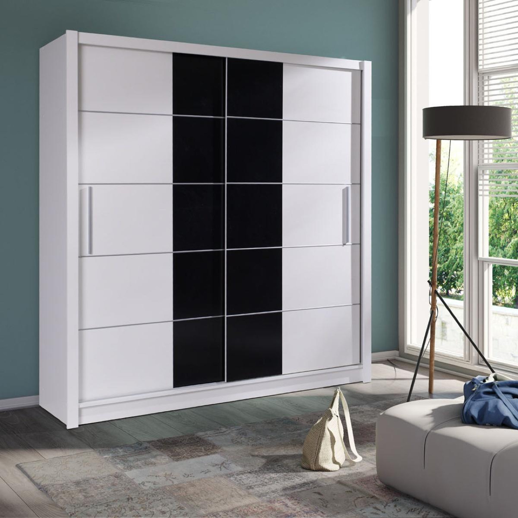 Voir la diapositive 2 : JLC KREATION Armoire moderne blanc et noir 200cm irpa
