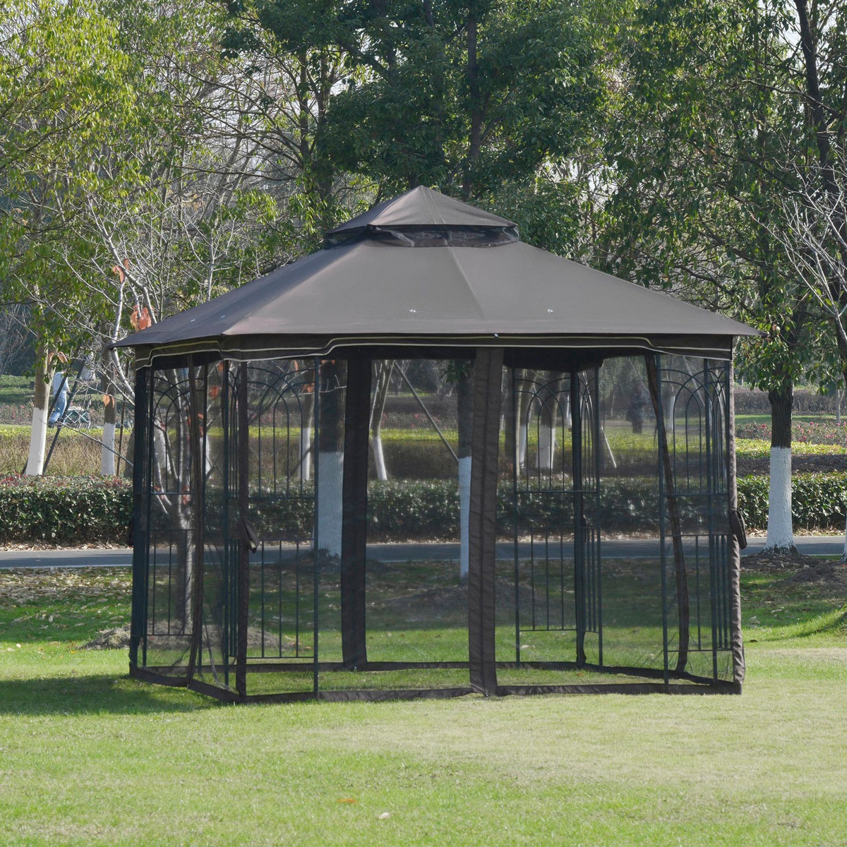 OUTSUNNY Tonnelle barnum style colonial double toit toile moustiquaires amovibles 4 étagères d'angle métal époxy polyester chocolat