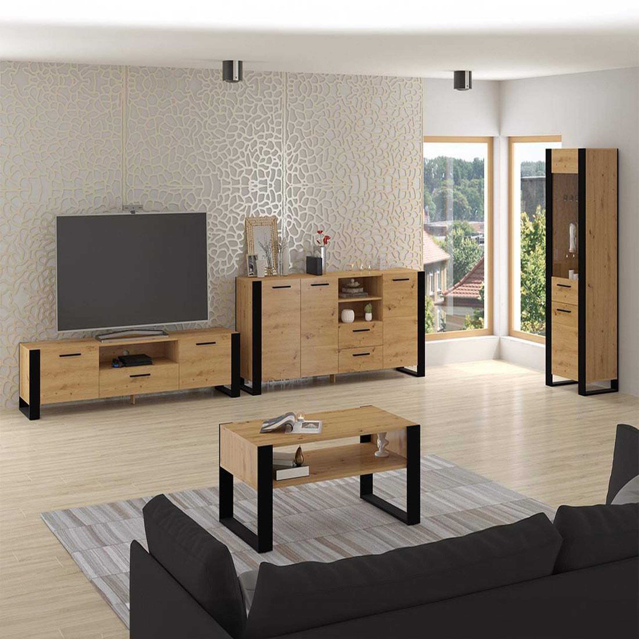 Voir la diapositive 4 : BEST MOBILIER Donnely - meuble tv - effet bois et noir - 200 cm