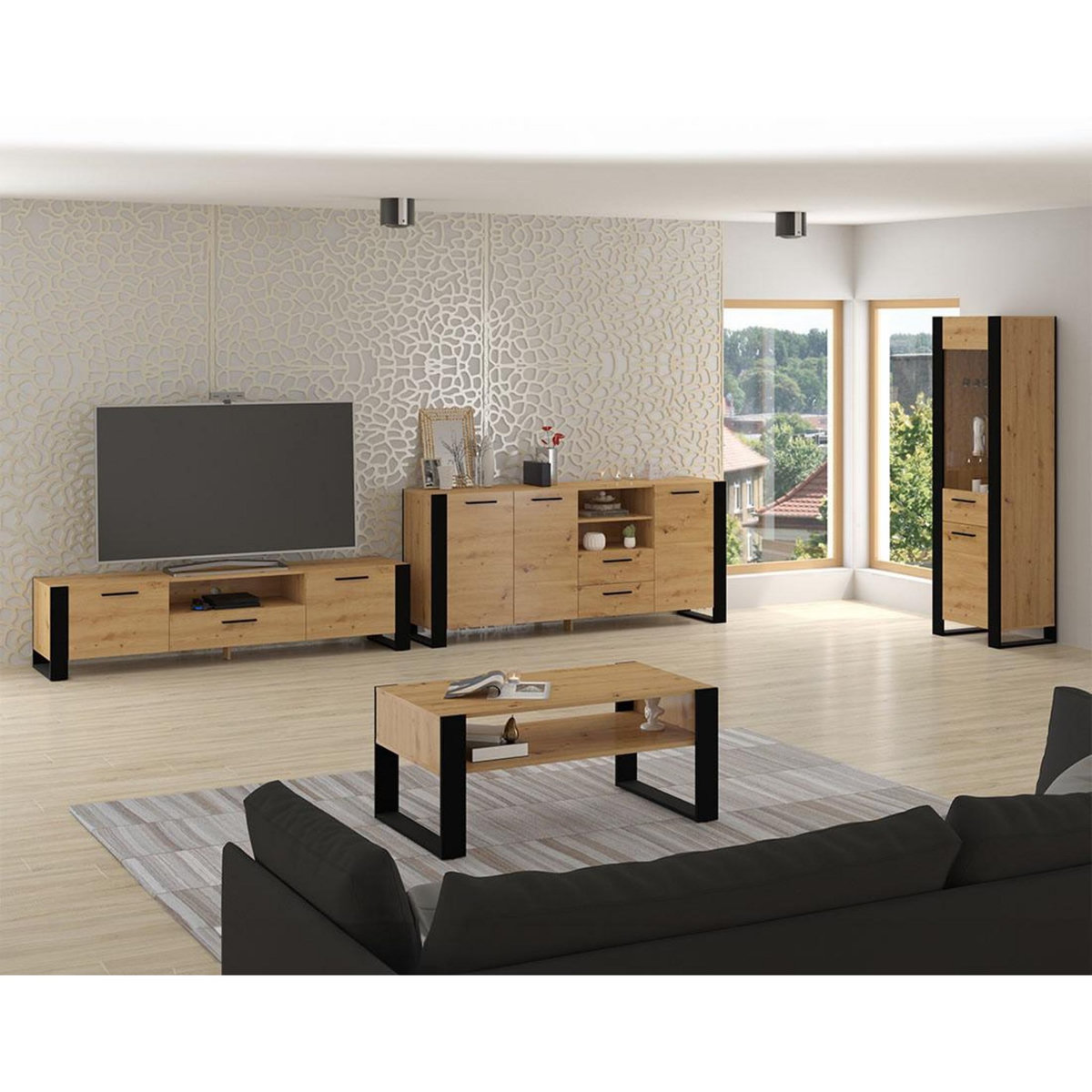 BEST MOBILIER Donnely - meuble tv - effet bois et noir - 200 cm