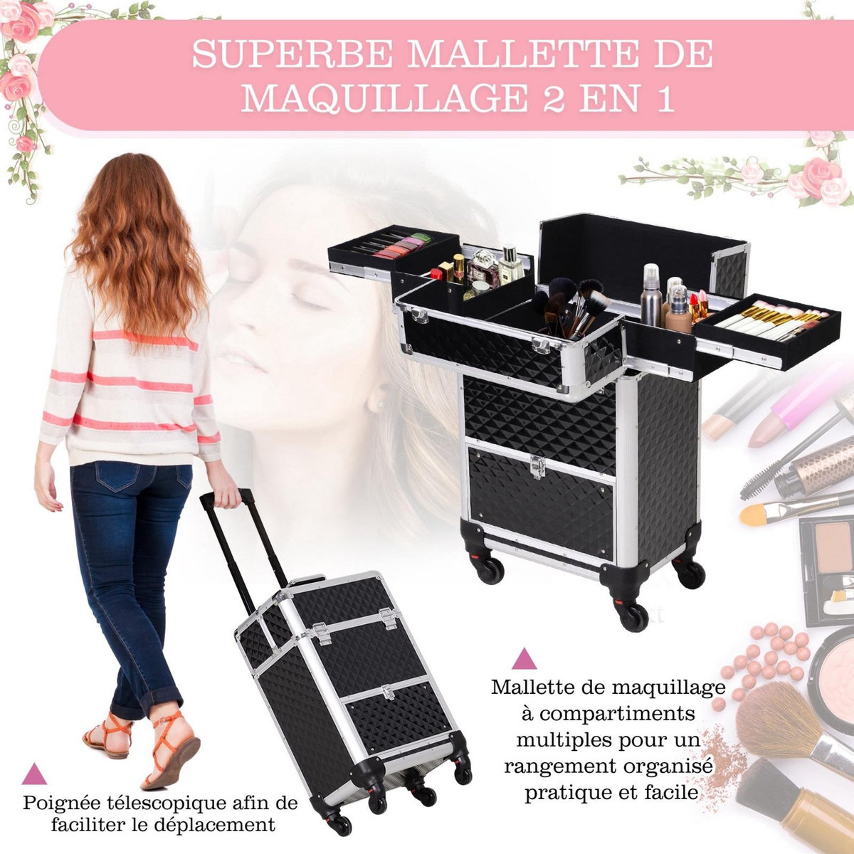 HOMCOM Valise trolley maquillage mallette cosmétique vanity poignée télescopique réglable 34L x 25l x 62H cm alu.