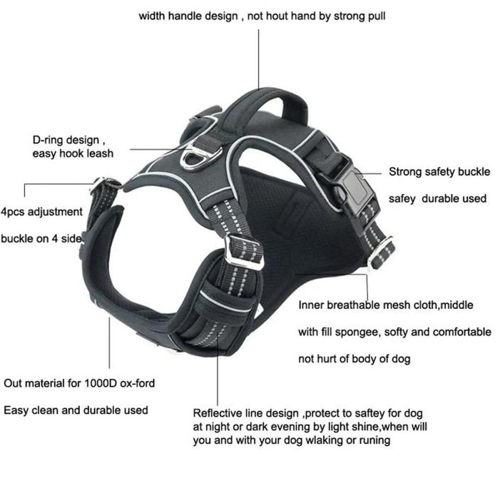 Voir la diapositive 5 : Harnais anti-traction pour chien taille M noir, poignée de contrôle, sangles réglables, anneaux avant et arrière, éléments réfléchissants