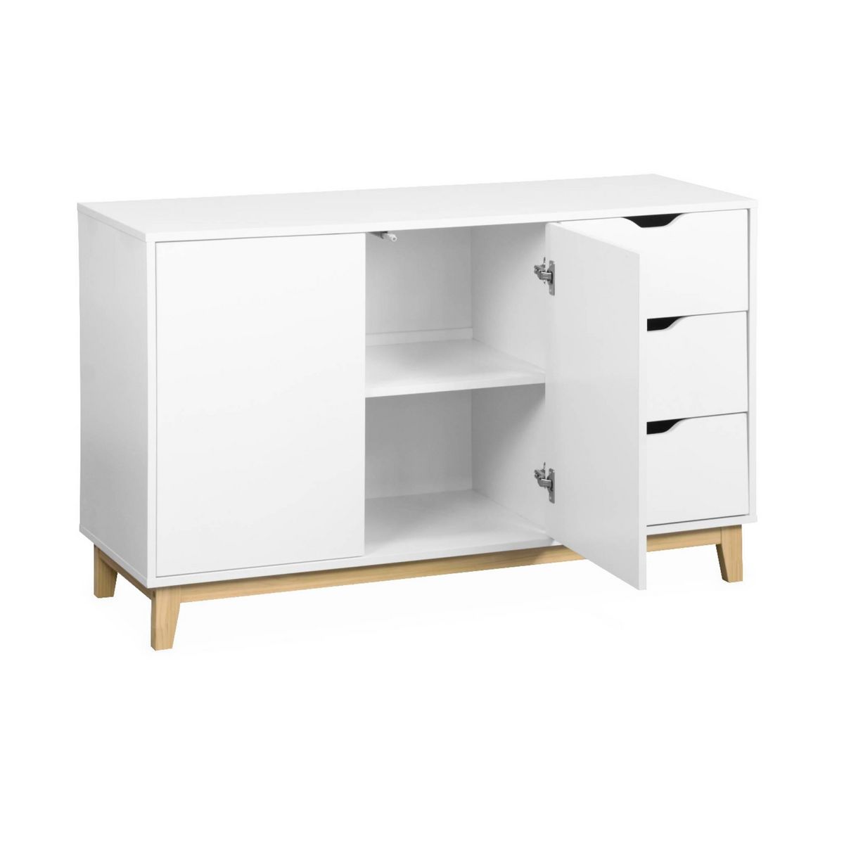 SWEEEK Buffet de rangement blanc. pieds bois - Floki - avec 3 tiroirs. buffet 2 portes. buffet bas. 120x40x75 cm