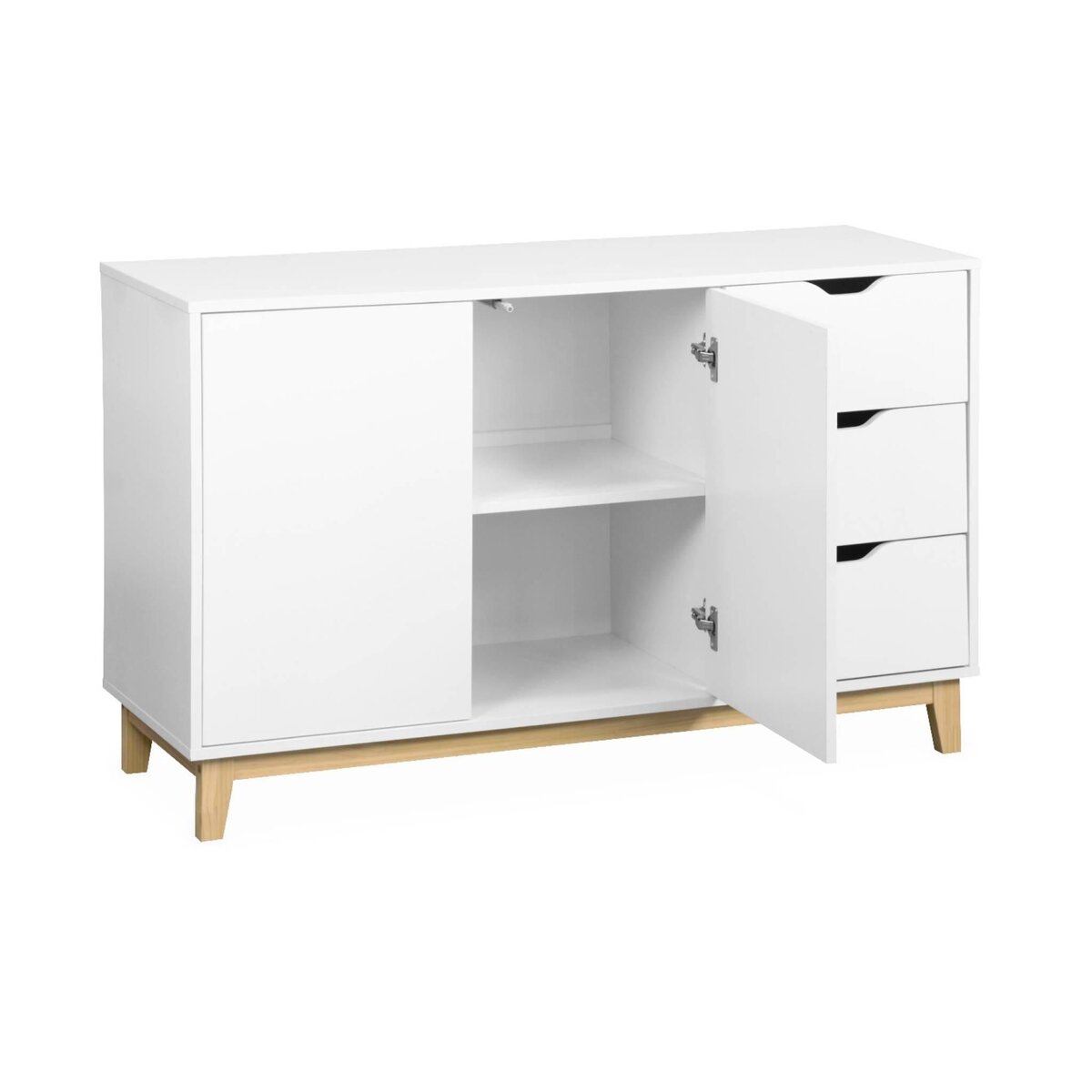 SWEEEK Buffet de rangement blanc. pieds bois - Floki - avec 3 tiroirs. buffet 2 portes. buffet bas. 120x40x75 cm