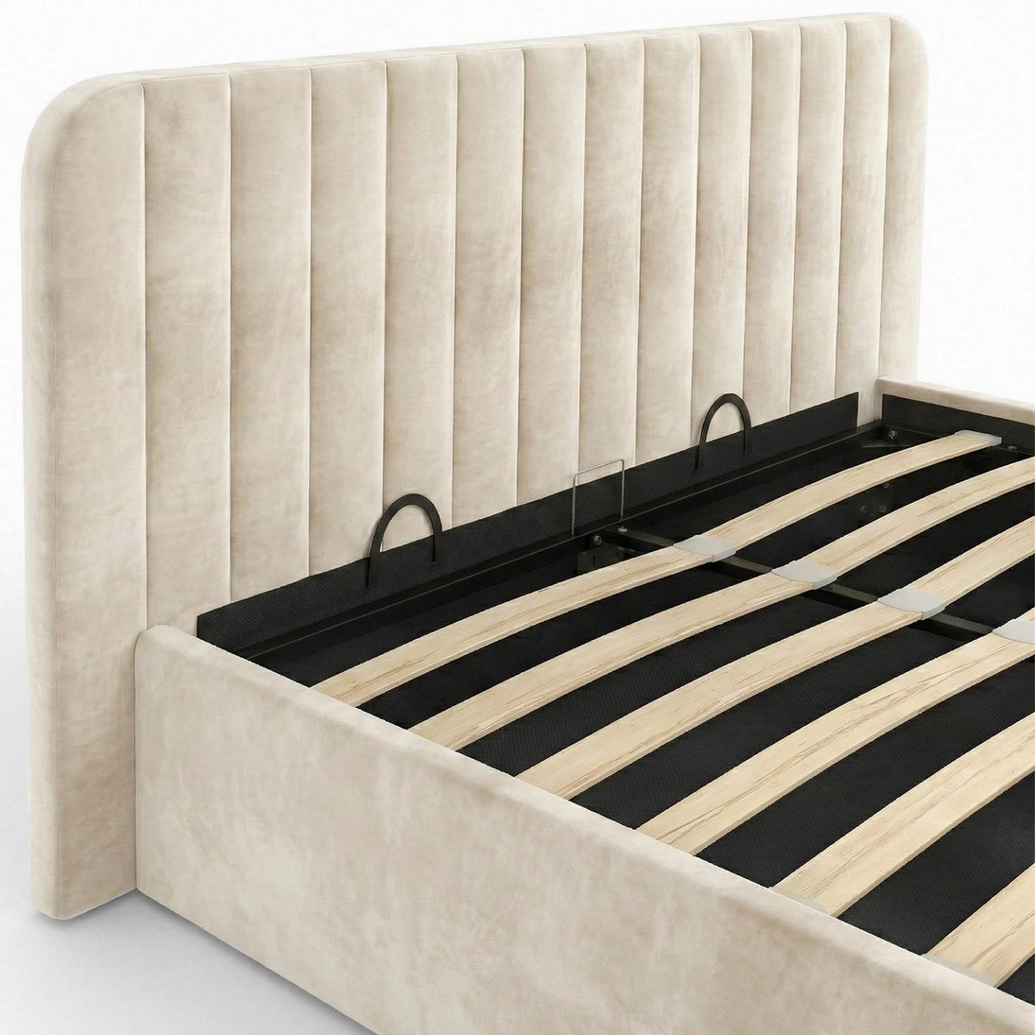 Voir la diapositive 6 : ID MARKET Lit coffre double alba avec tête de lit et sommier 140 x 190 cm velours beige