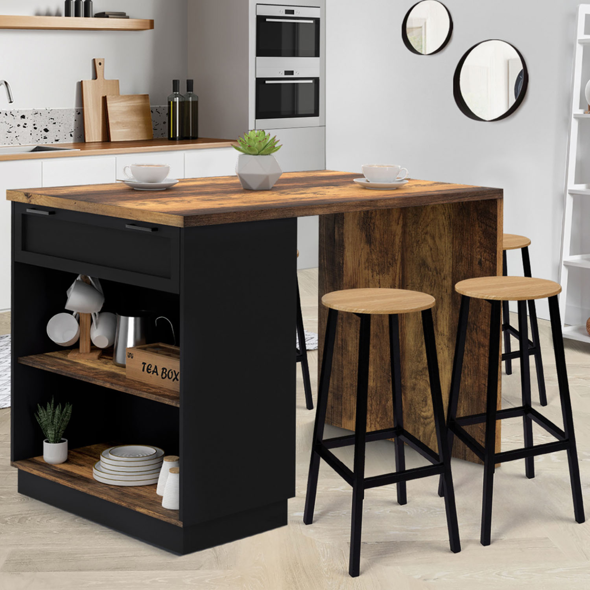 Voir la diapositive 2 : ID MARKET Ilot central mange-debout 4 personnes vito 130 cm noir et effet bois foncé hawkins
