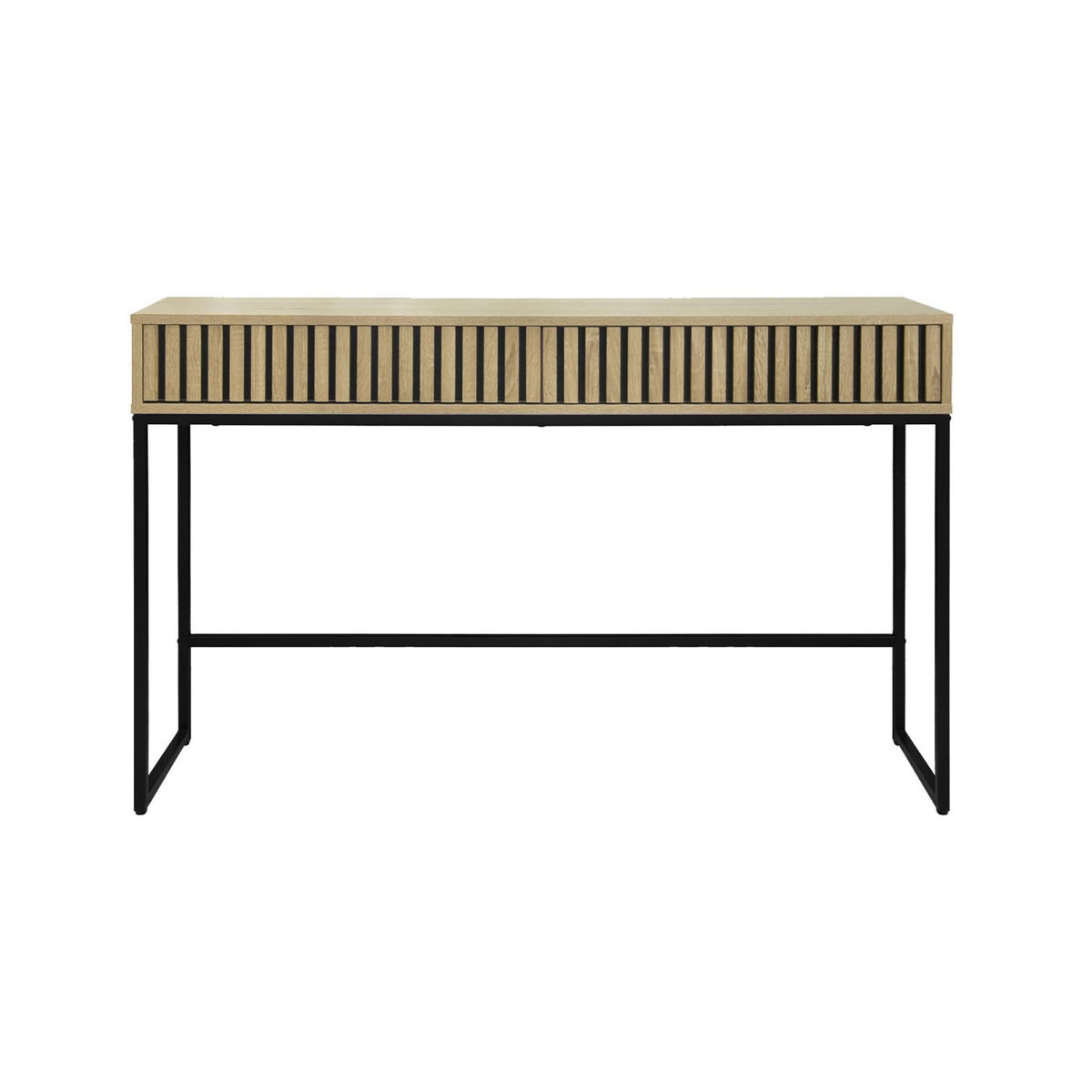 SWEEEK Console contemporaine avec 2 tiroirs en décor bois rainuré. structure et piètement en métal noir