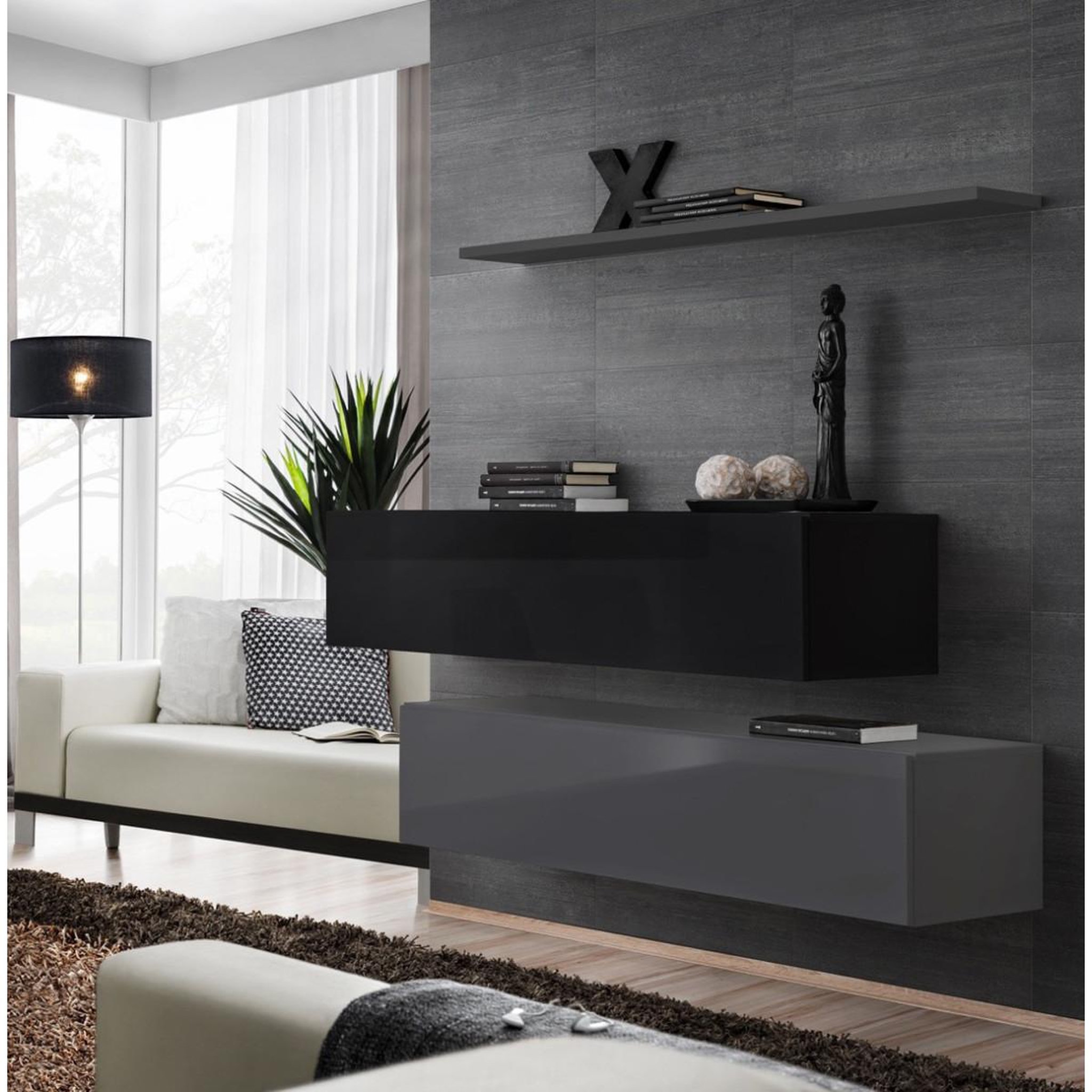 Voir la diapositive 1 : Paris Prix Lot de 2 bancs muraux & étagère  switch sbii  130cm gris & noir