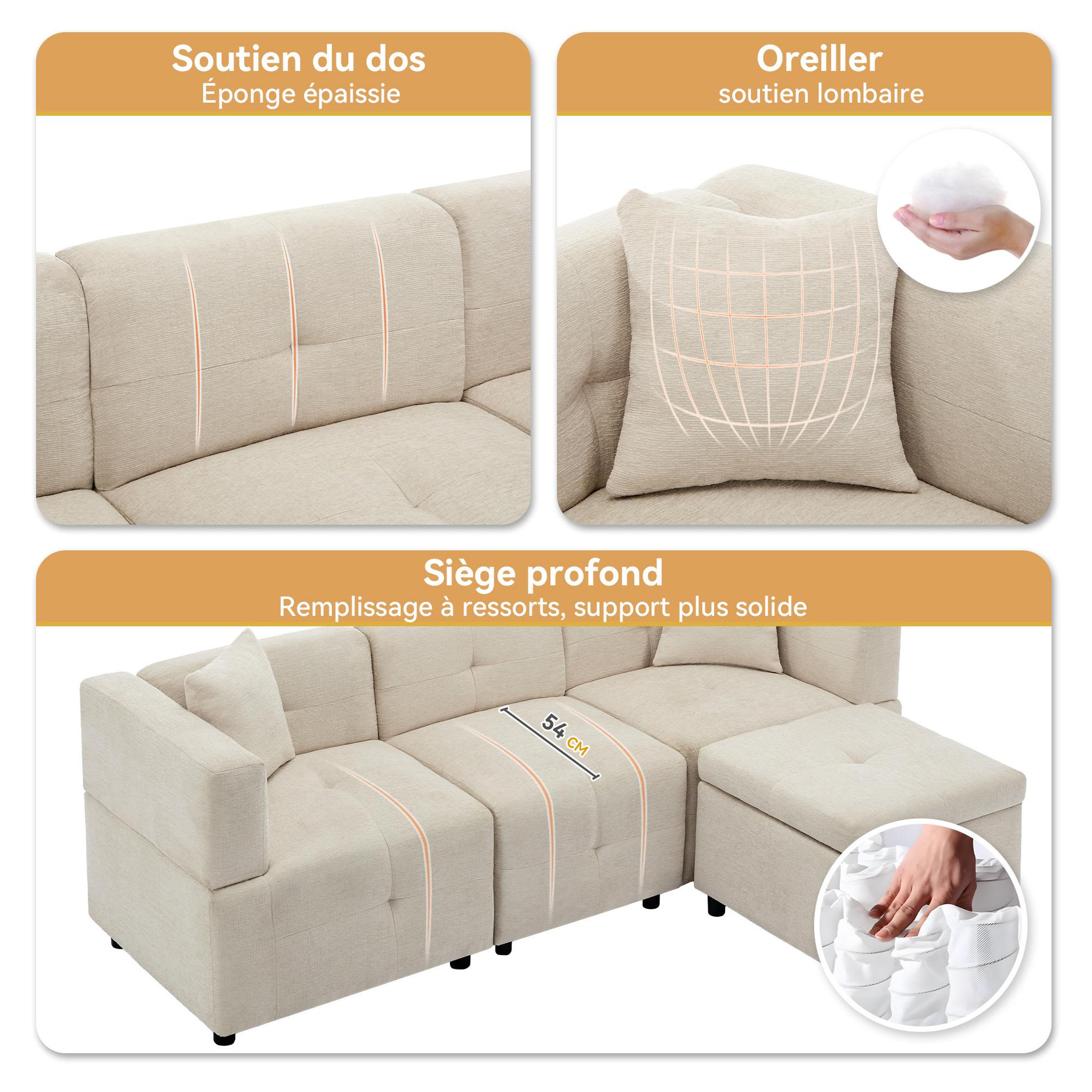 Voir la diapositive 4 : MERAX Canapé d'angle réversible fixe 3 pl tissu beige coffre de rangement