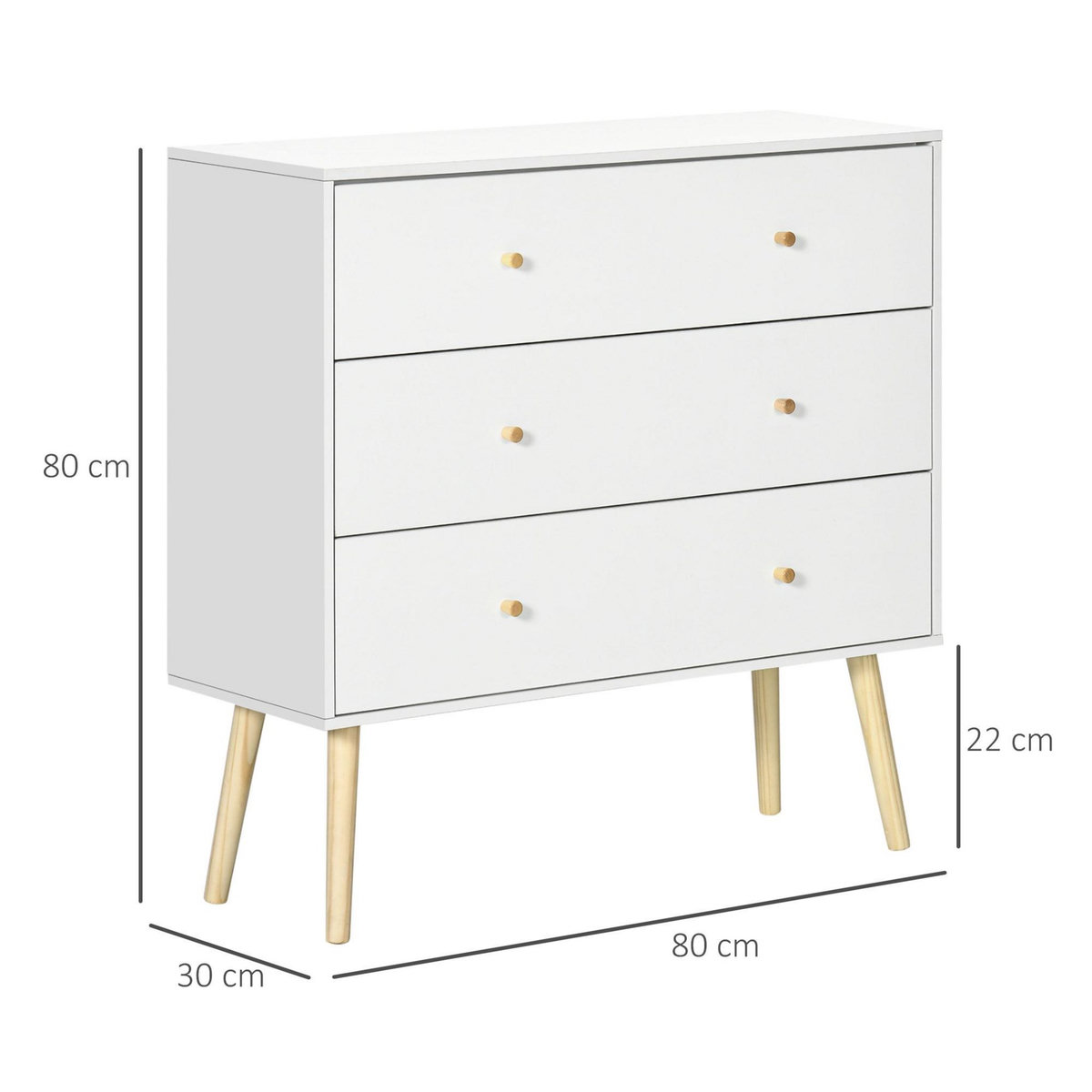 HOMCOM Commode 3 tiroirs design scandinave piètement effilé incliné bois pin panneaux blanc