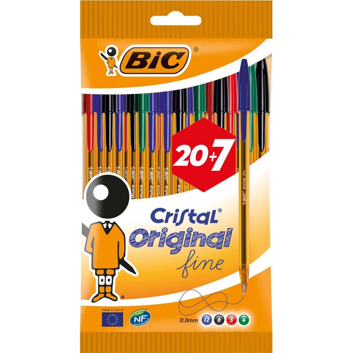 BIC Lot de 27 stylos bille pointe fine CRISTAL ORIGINAL bleu/noir/rouge/vert