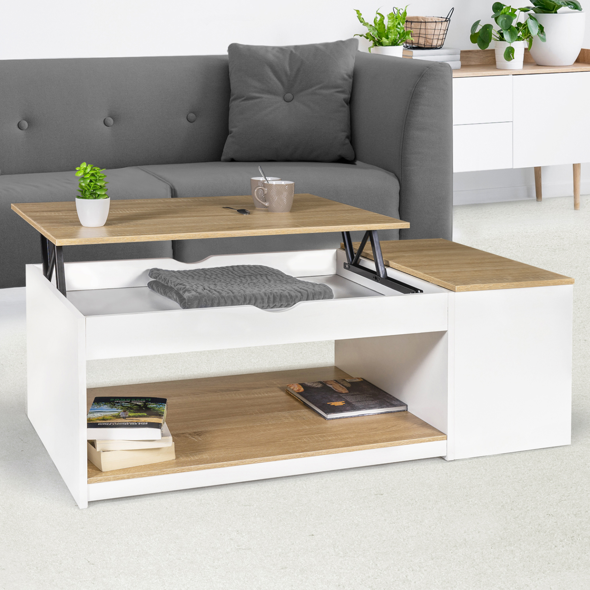 Voir la diapositive 2 : ID MARKET Table basse plateau relevable rectangulaire elea avec coffre bois blanc et façon hêtre