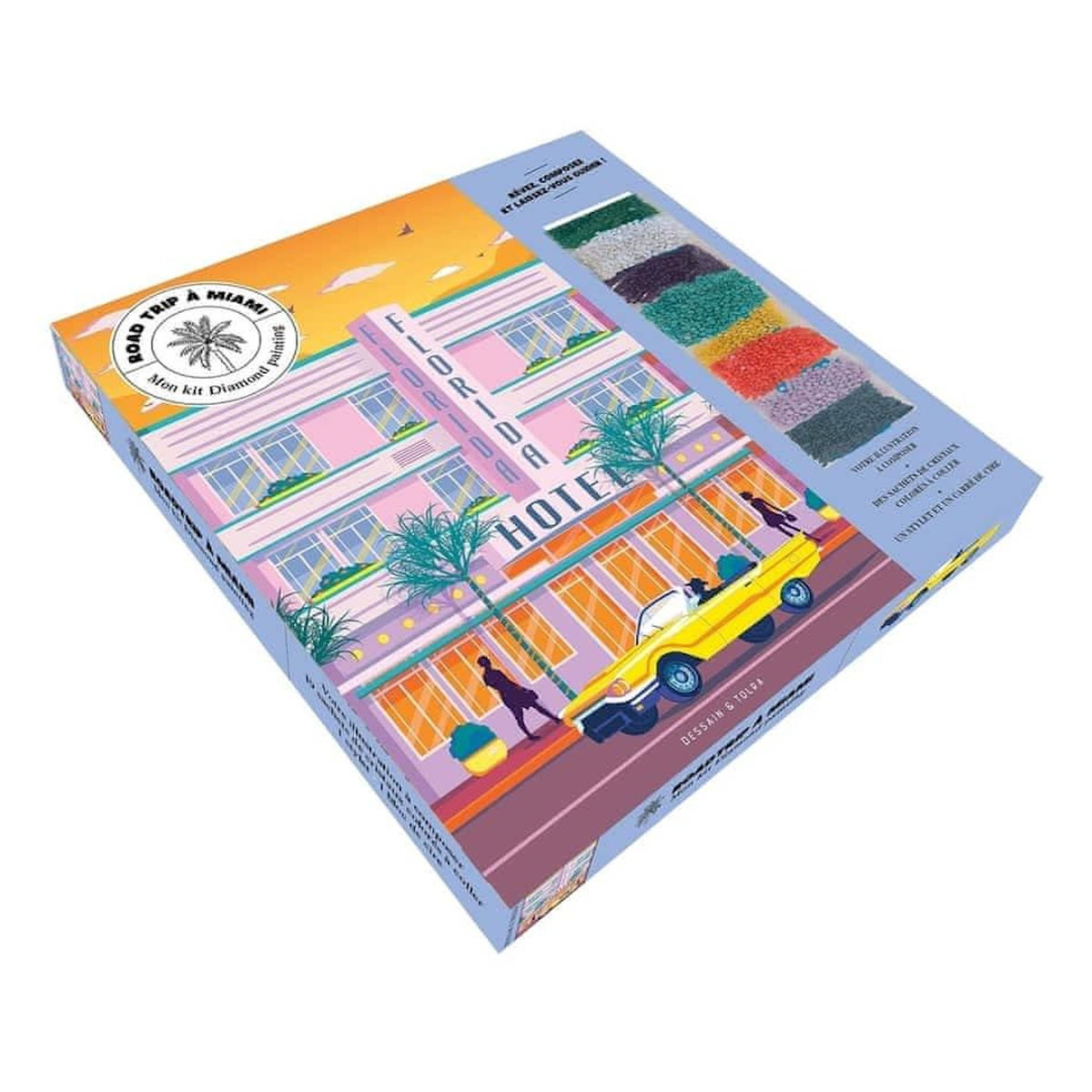 ROADTRIP A MIAMI. REVEZ, COMPOSEZ ET LAISSEZ-VOUS GUIDER ! COFFRET AVEC VOTRE ILLUSTRATION A COMPOSER, DES SACHETS DE CRISTAUX COLRES A COLLER, UN STYLET ET UN CARRE DE CIRE, Dessain et Tolra