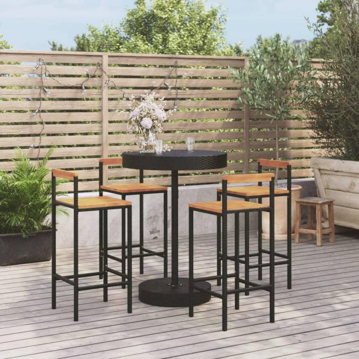 VIDAXL Ensemble de bar jardin 5 pcs noir poly rotin/bois massif acacia
