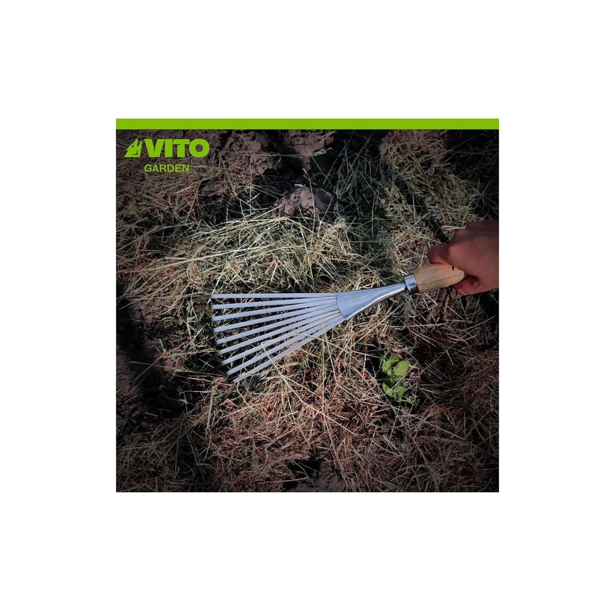 Voir la diapositive 4 : VITO Balai de jardin à gazon 8 dents 13cm manche bois inox et fer forgés à la main vito