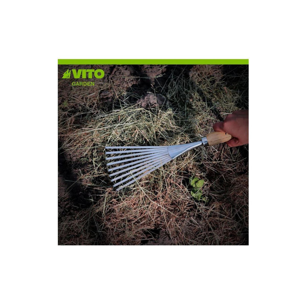 VITO Balai de jardin à gazon 8 dents 13Cm Manche bois Inox et Fer forgés à la main VITO