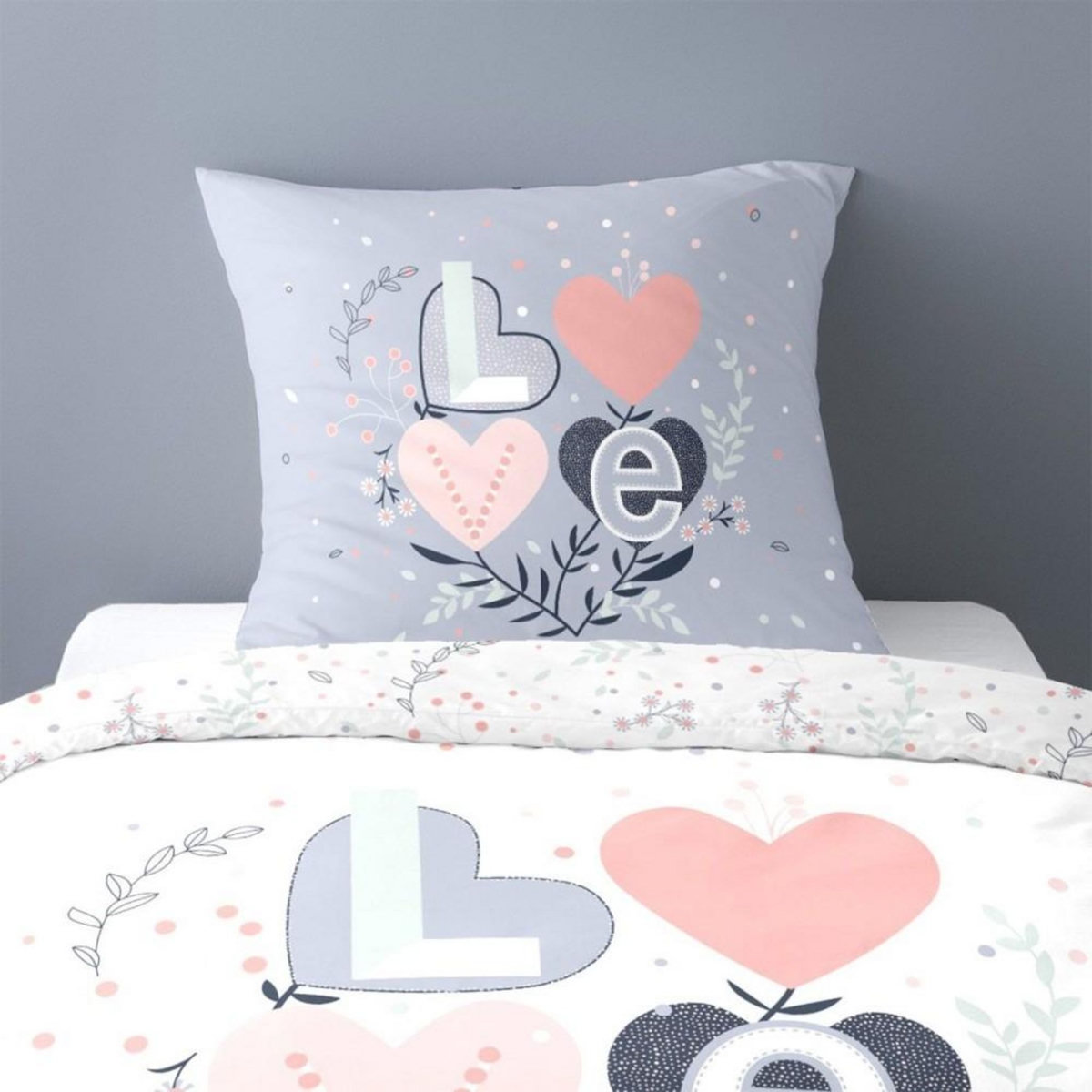 Dourev Housse de couette 140x200 Love Celia + taie polycoton