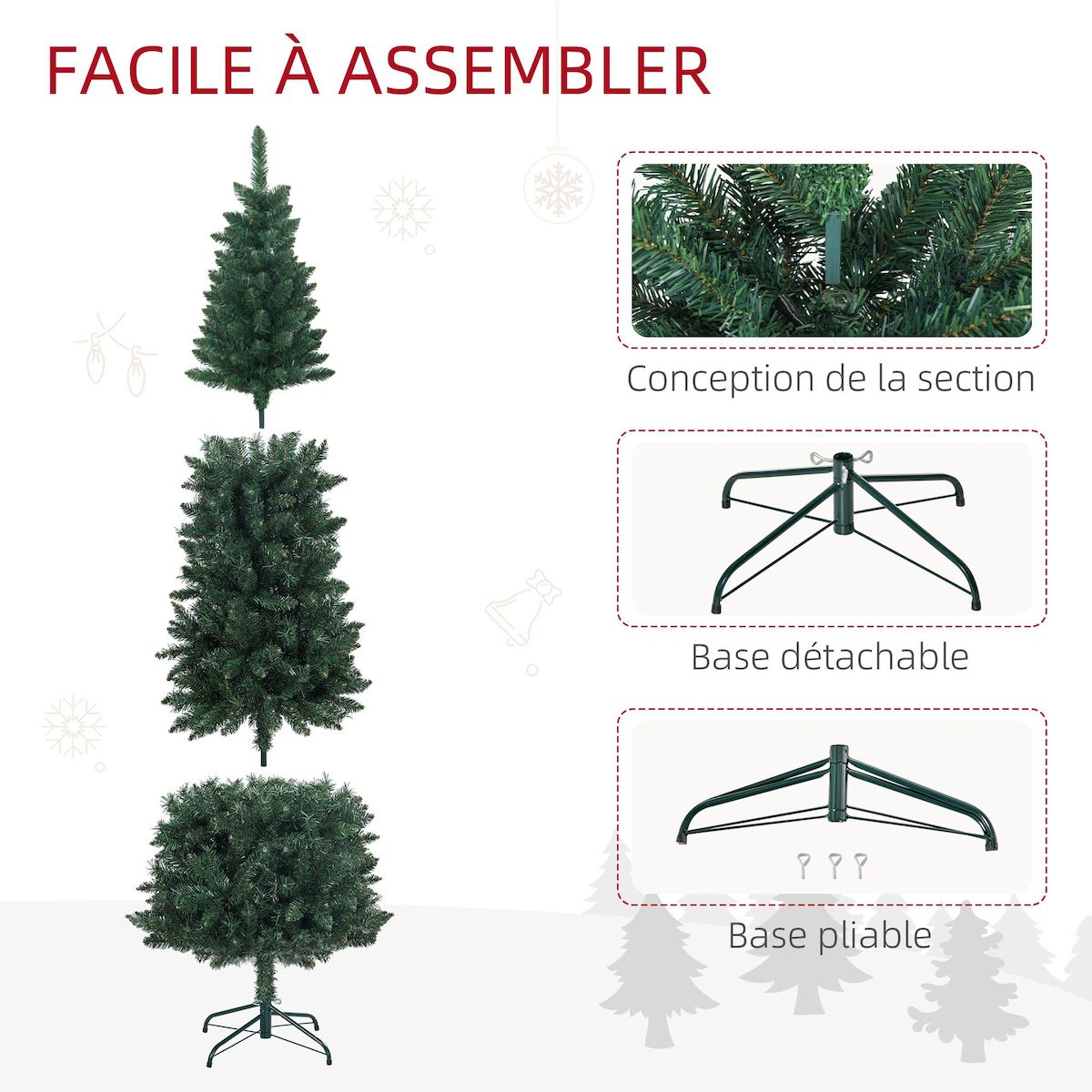 HOMCOM Sapin de Noël artificiel 210 cm slim avec support en acier pliable, 687 branches épines, décoration de Noël effet réaliste, vert
