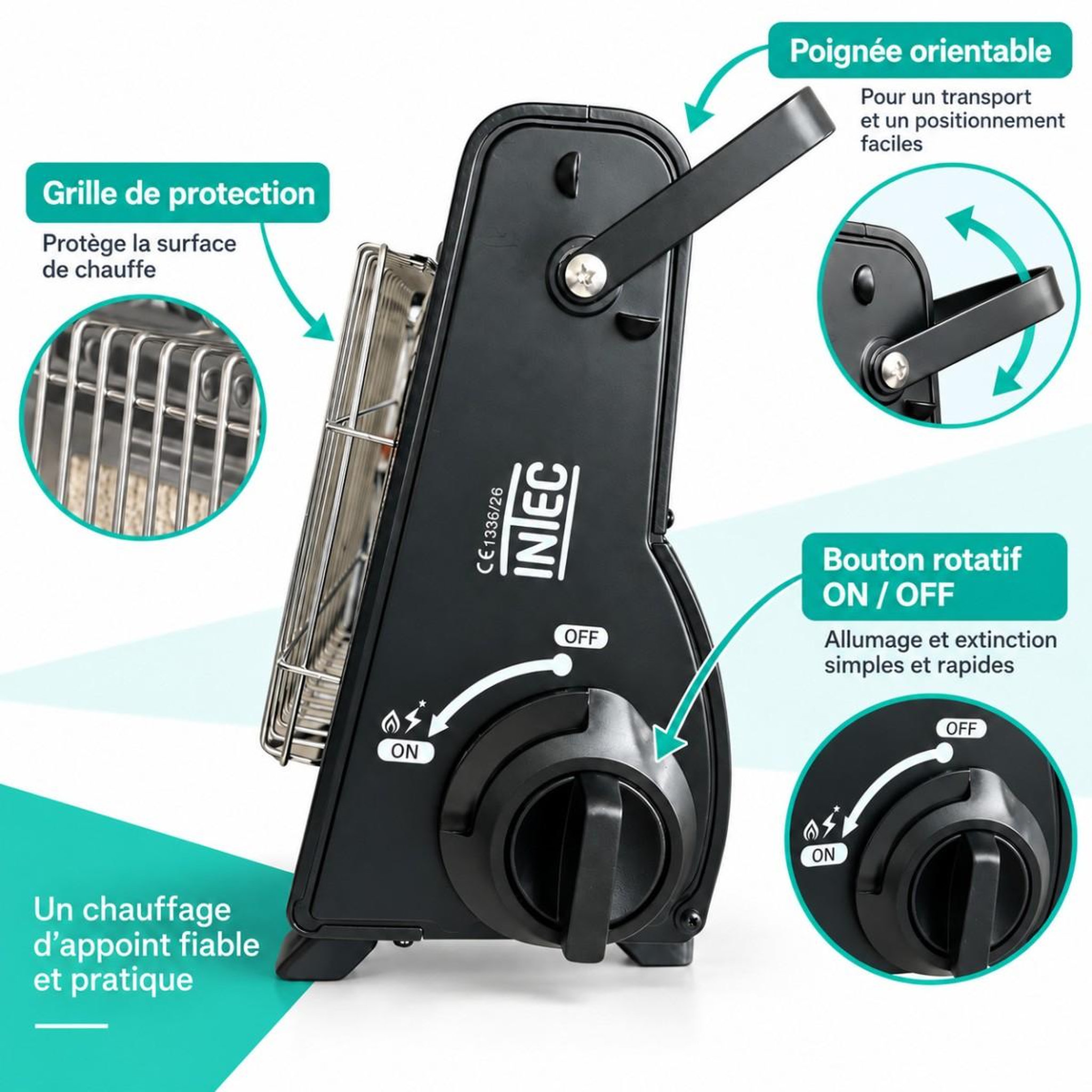 Voir la diapositive 3 : INTEC Chauffage à Gaz Portable 1700W Fuego + 4 Cartouches Butane EN417 Piezo HSC ODS Anti-Basculement INTEC