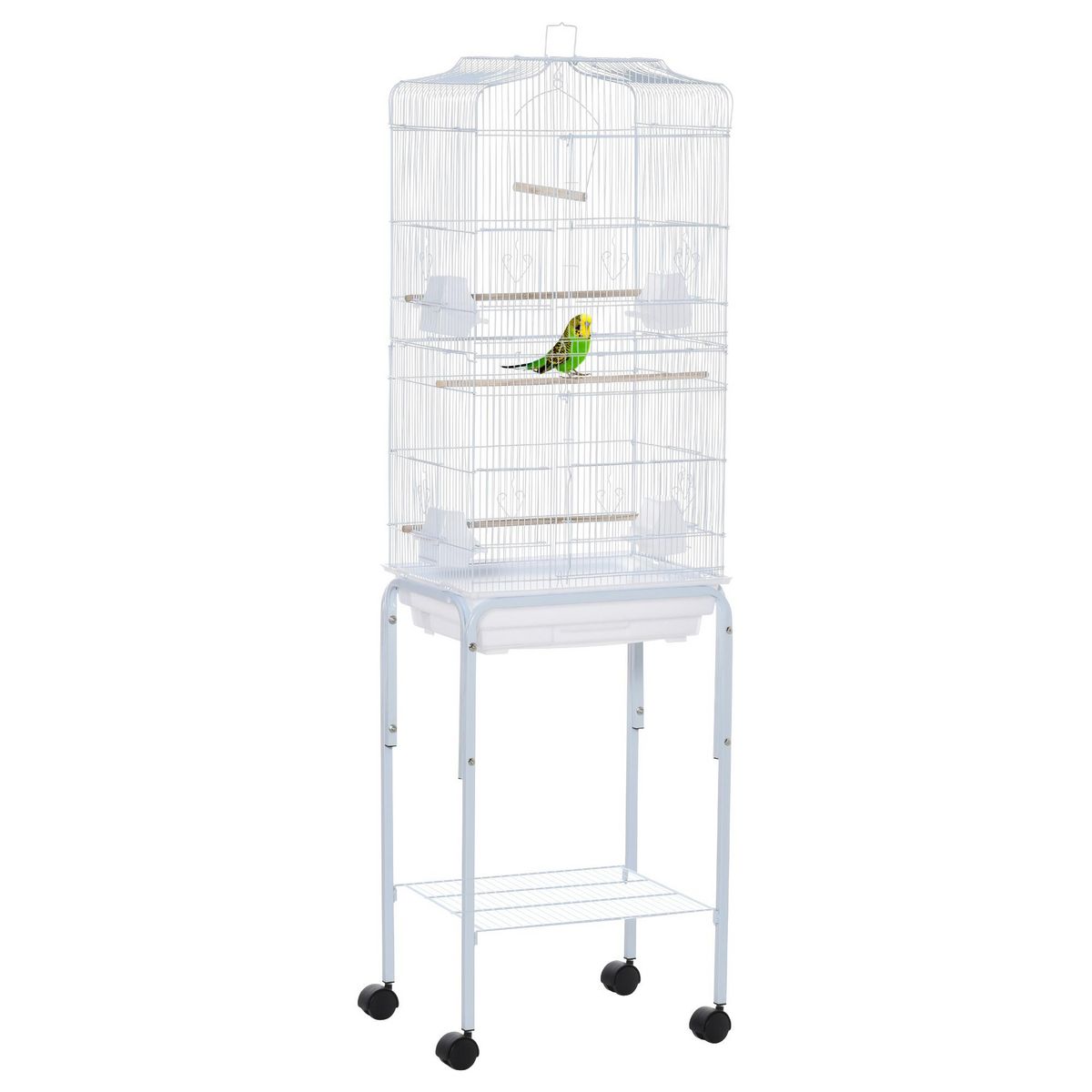 PAWHUT PawHut Cage à oiseaux sur pied volière oiseaux sur roulettes avec toit ouvrant 3 perchoirs étagère inférieure 46,5 x 36 x 157 cm