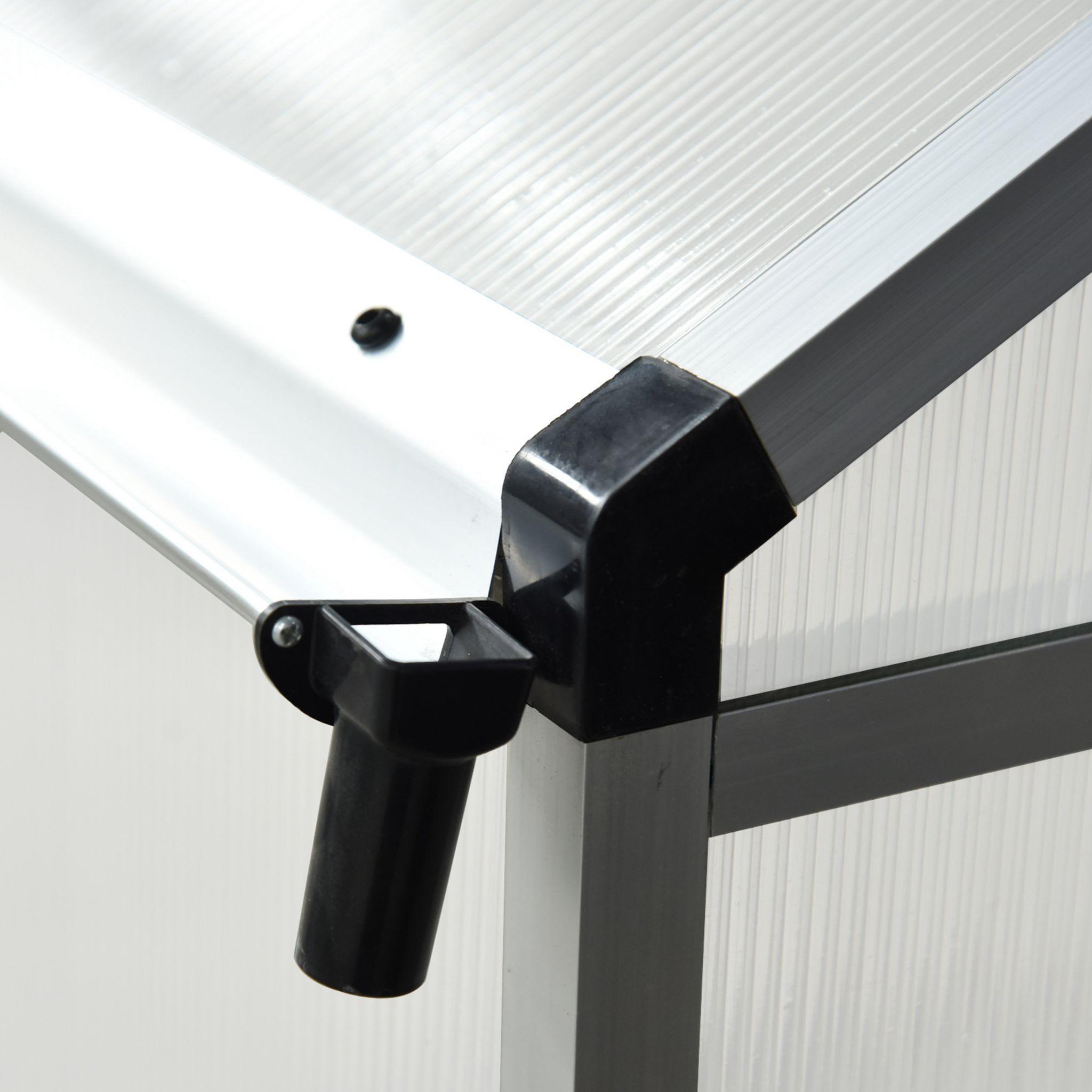 Voir la diapositive 4 : OUTSUNNY Serre de jardin aluminium polycarbonate 5,5 m² dim. 3,03L x 1,83l x 1,95H m fondation lucarne porte loquet