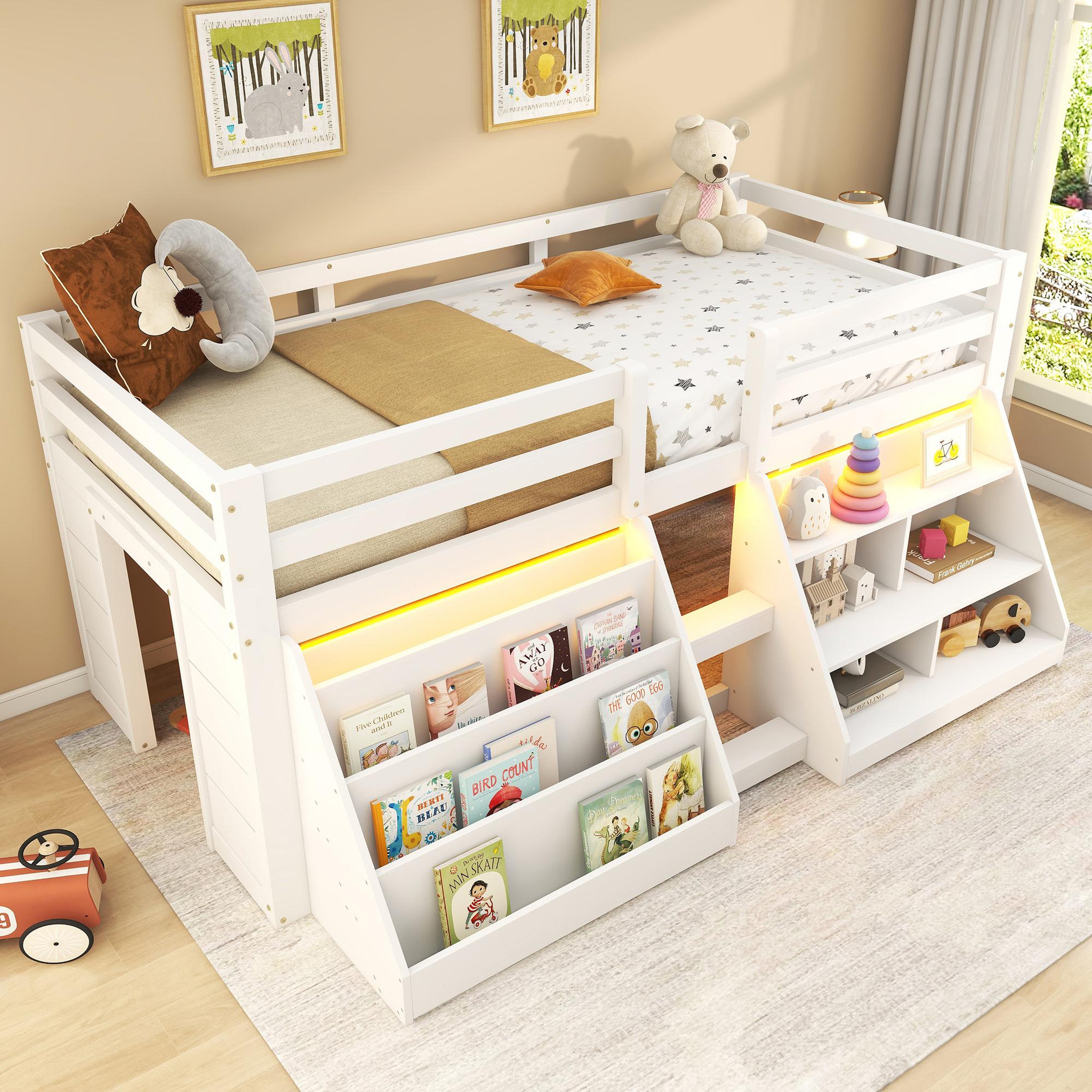 Voir la diapositive 5 : MERAX Lit enfant mi hauteur 90x200cm coloris blanc led pin