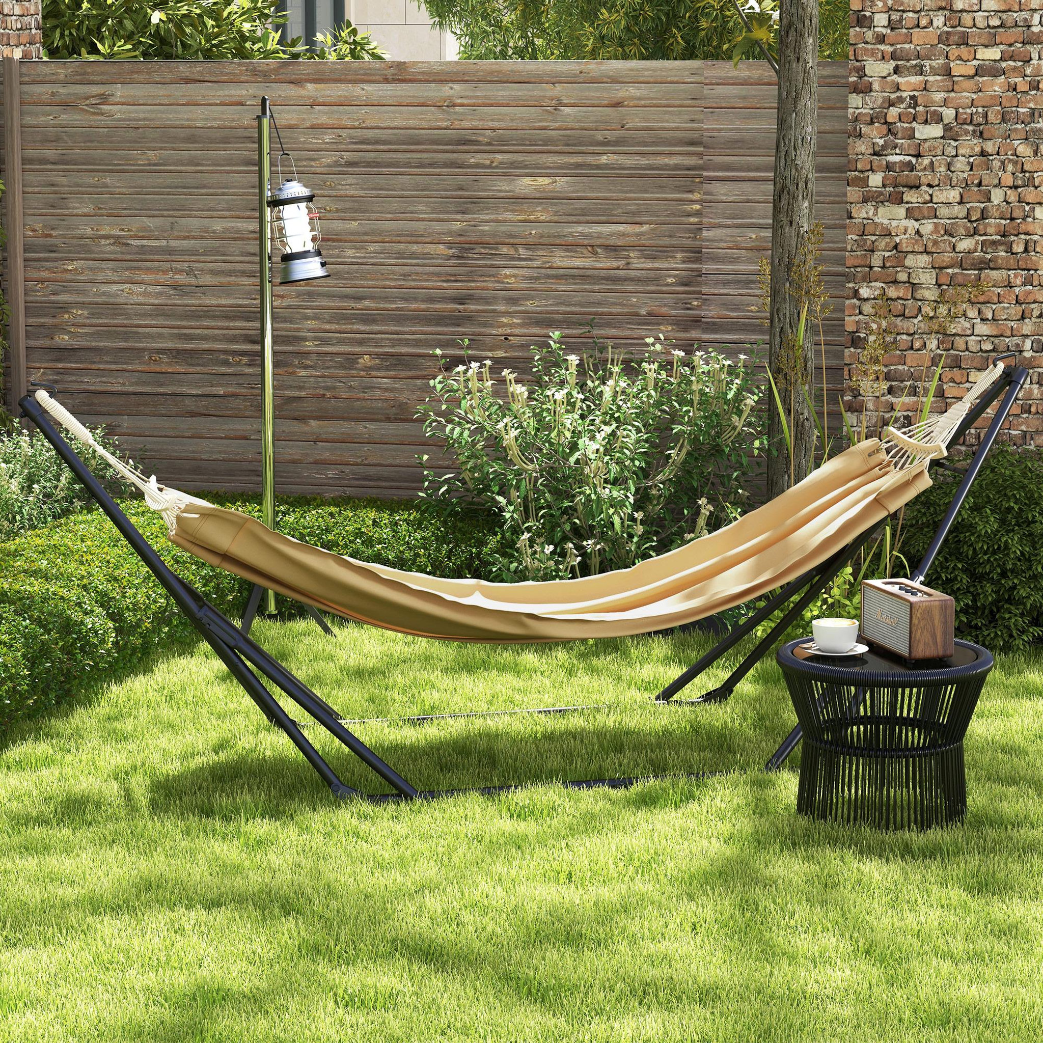 Voir la diapositive 2 : OUTSUNNY Hamac pliable complet - support acier, toile hamac coton - support 2 en 1 hamac chaise suspendue - noir beige