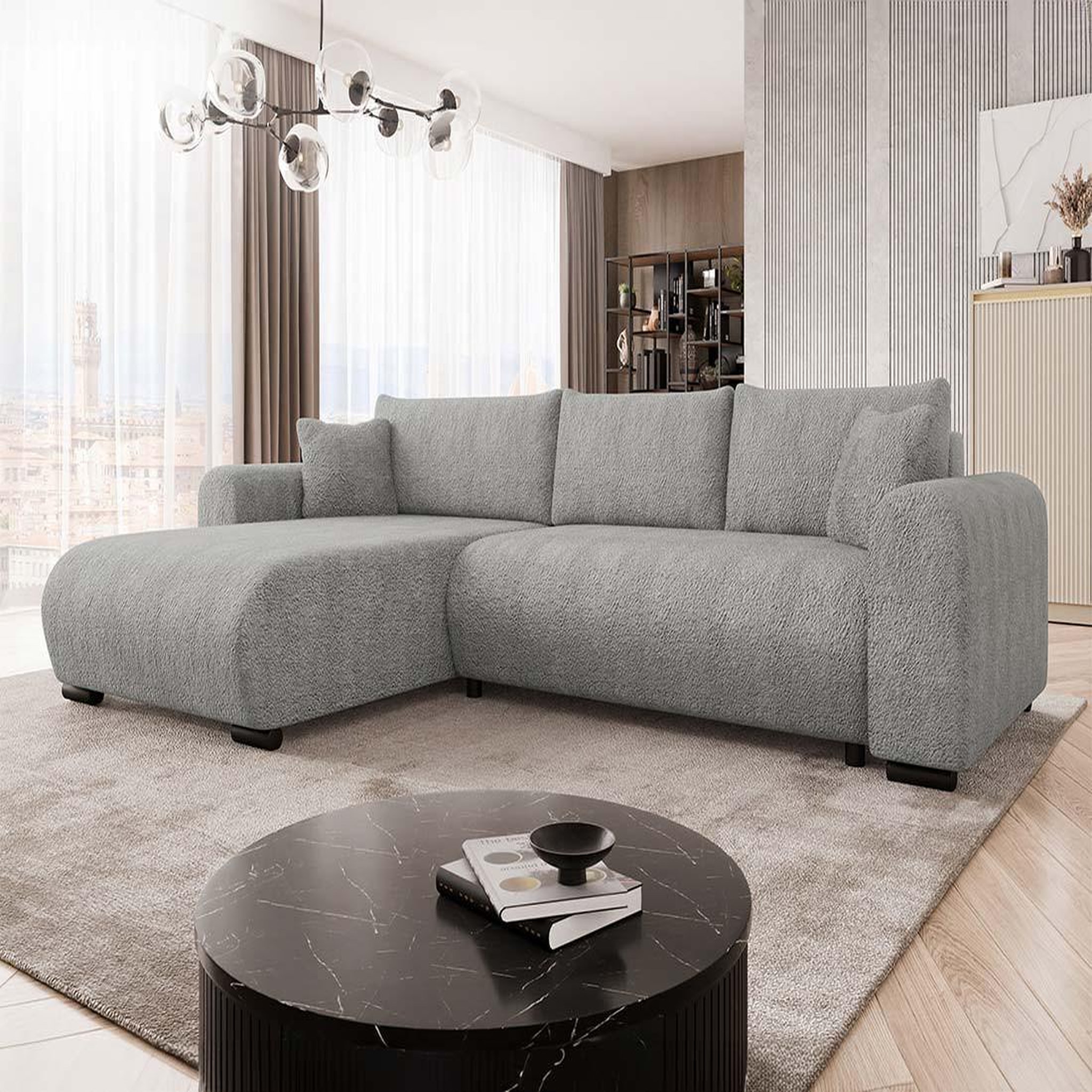 BEST MOBILIER Rosalie - canapé d'angle réversible 4 places convertible avec coffre en tissu bouclette. Coloris disponibles : Beige