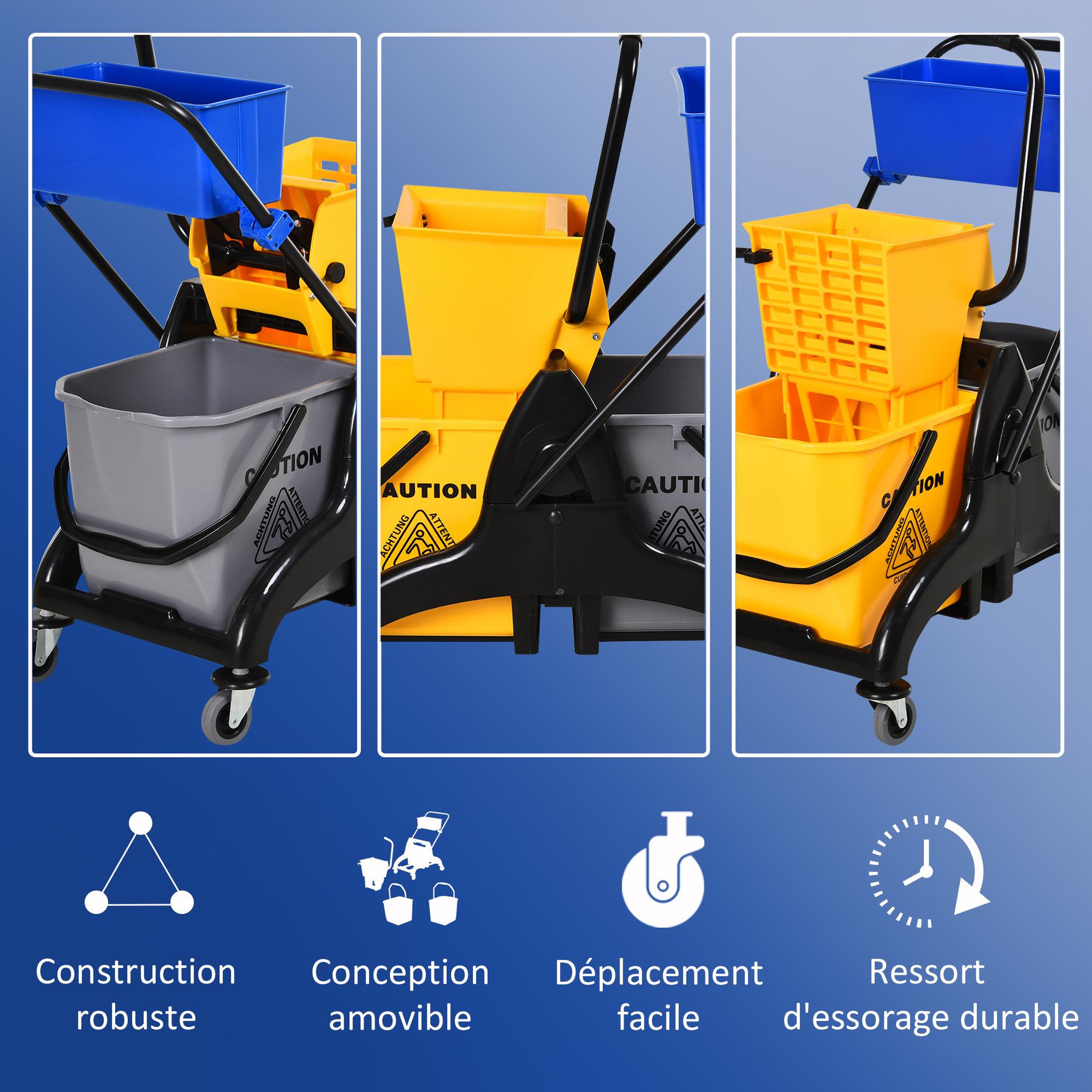 Voir la diapositive 5 : HOMCOM Chariot de lavage chariot de nettoyage professionnel presse à mâchoire 2 seaux + rangement jaune bleu